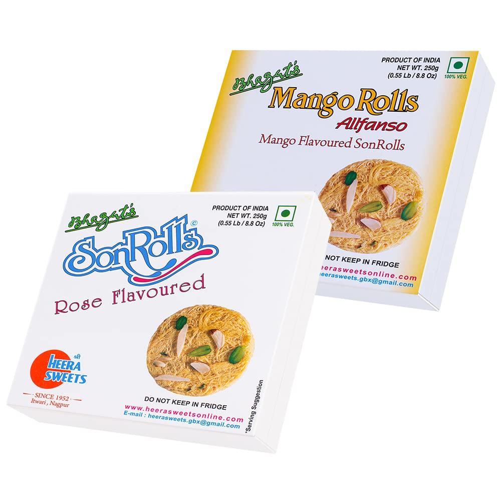Bhagat's Bhagat\'s Heera Sweets SonRoll Shree Heera Sweets - SonRoll Combo | Mango and Rose Flavoured SonRoll (250Gms Each) Preservatives Free Soft Flaky Sweets Mithai Box