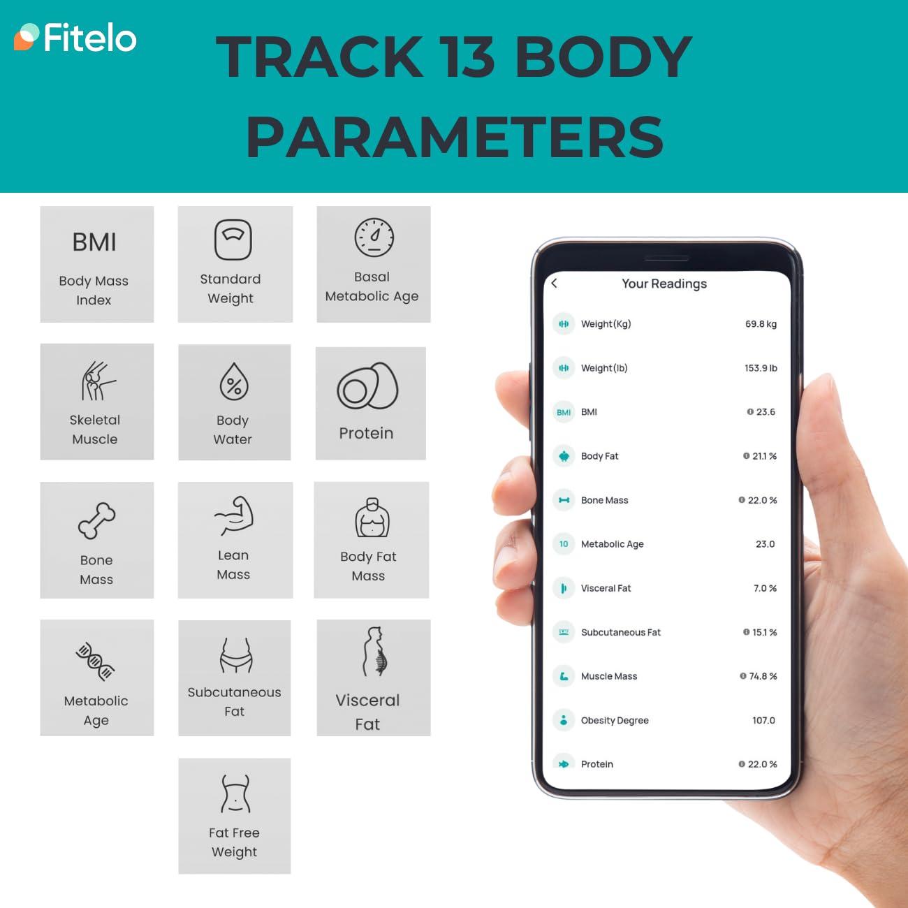 Fitelo Fitelo Bluetooth Smart Scale, BMI Weight Machine for Body Weight with 18 Body Parameters, Body Fat Analyzer Machine & Body Composition Scale with APP, LED Display & 1 Year Warranty (WS7-01)