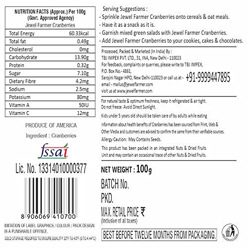 JEWEL FARMER JEWEL FARMER American Dried Cranberries, Gluten Free, Antioxidants, Vitamin & Dietary Fiber Rich Pack of Unsulfured, Ready to Eat Dry Cran Berries (100g)