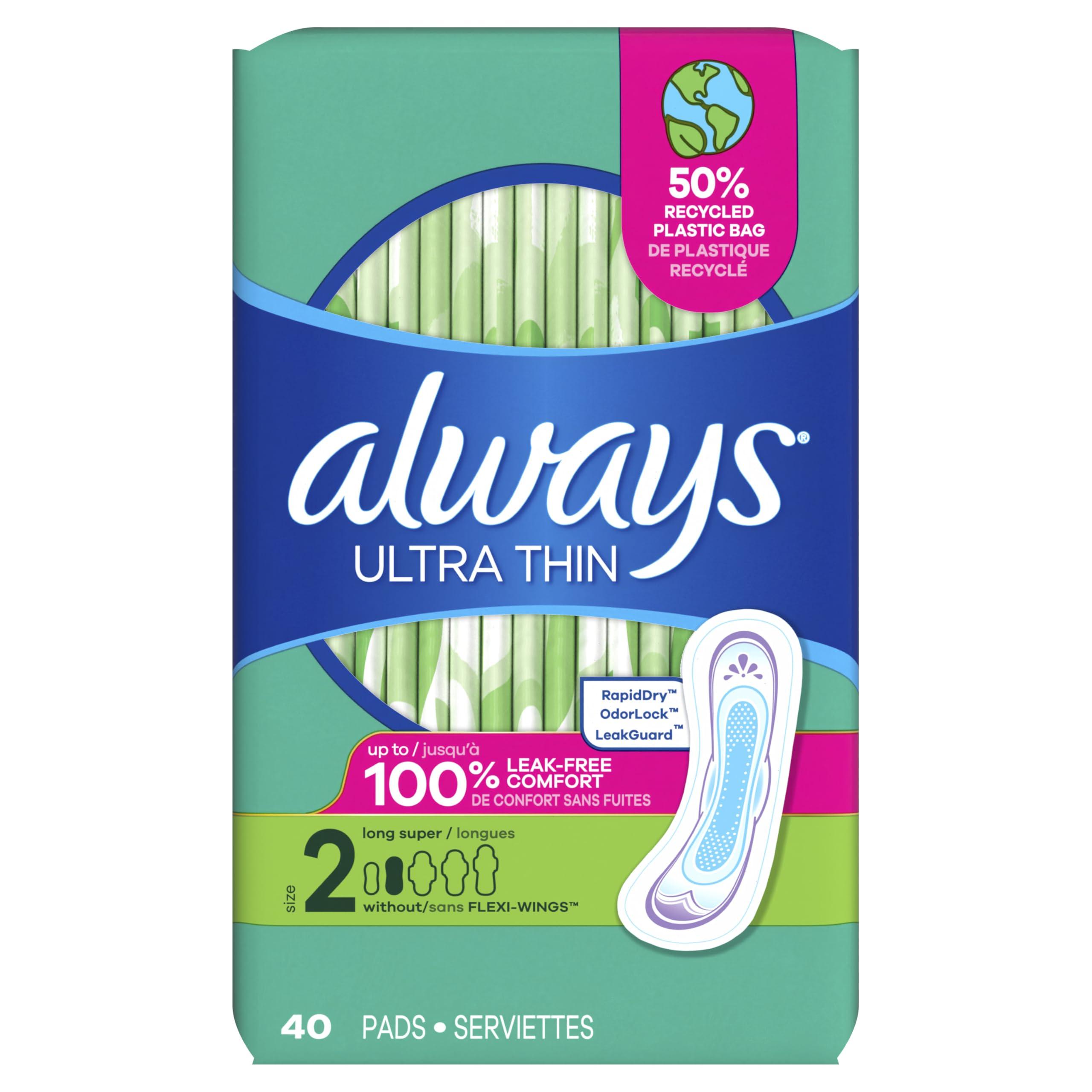 Always ALWAYS Ultra Thin Size 2 Super Pads Without Wings Unscented, 40 Count