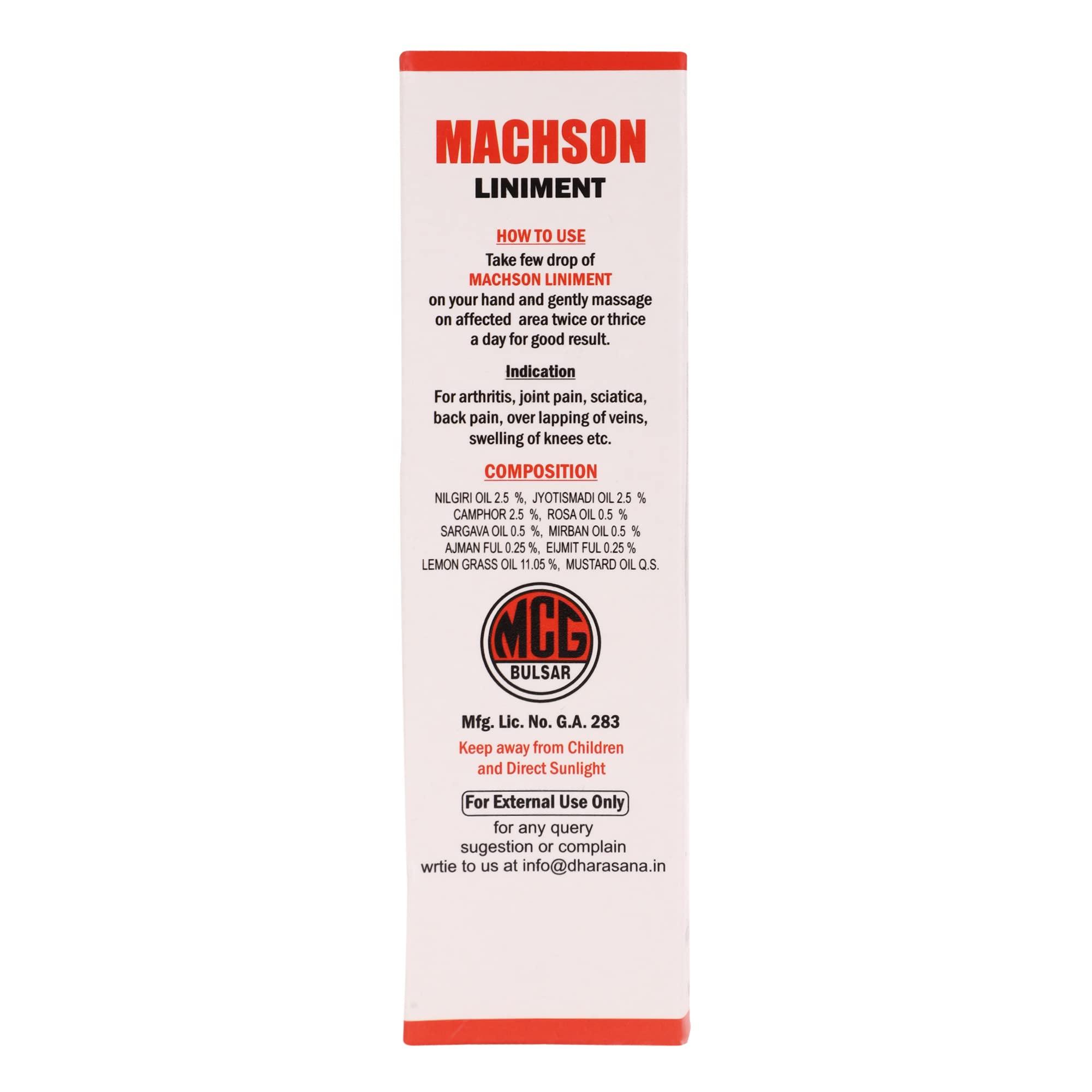 Dharasana Machson Liniment Pain Relief Oil Effective For Joint Pain, Backaches And Muscular Sprains. Enriched with Eucalyptus Oil, Mustard, Lemongrass