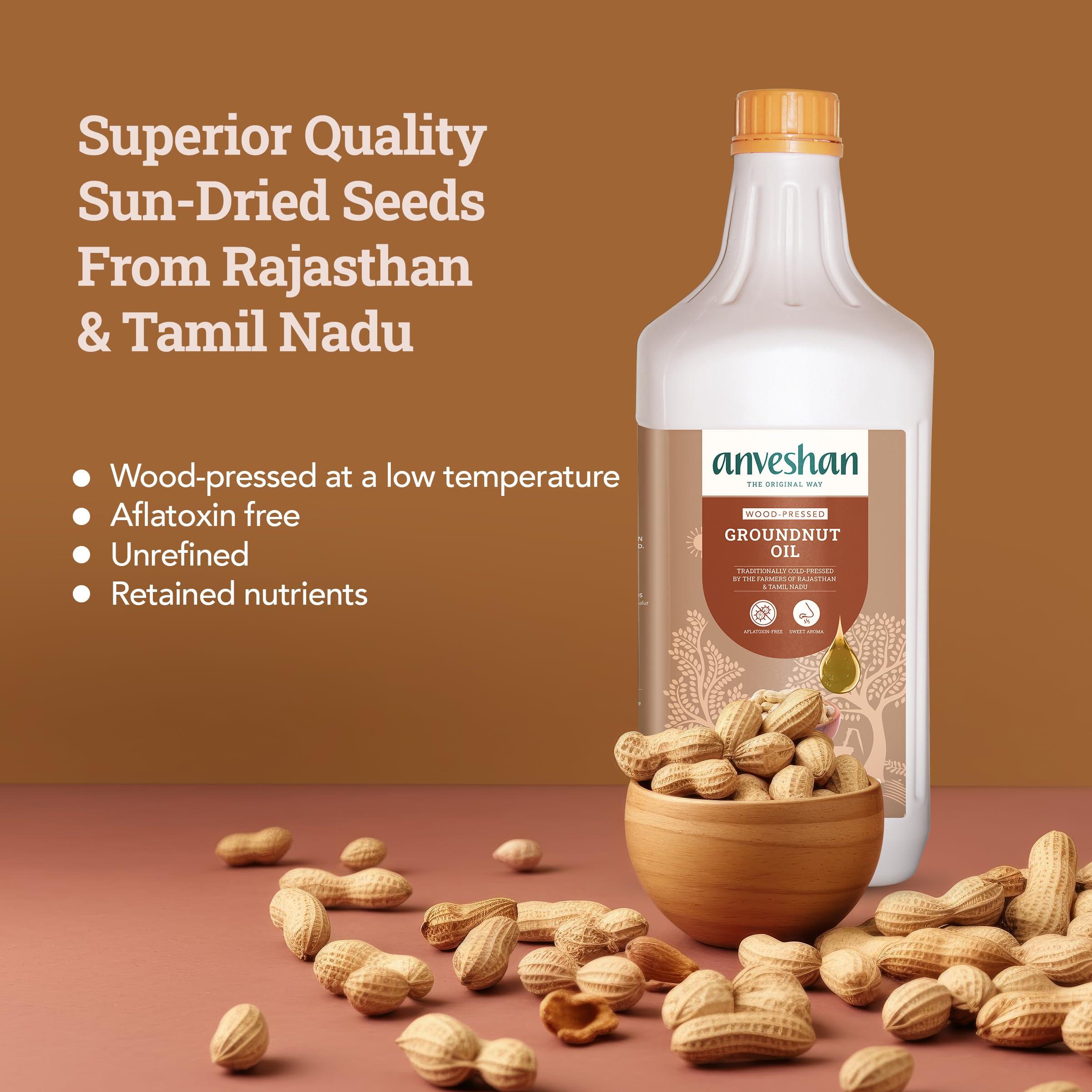 Anveshan Empowering farmers with technology Anveshan Wood Pressed Groundnut Peanuts Oil 2 Litre | Tin Can | Kolhu/Kacchi Ghani/Chekku | Peanut Oil | Natural | Chemical-Free | Cold Pressed Groundnut Oil for Cooking