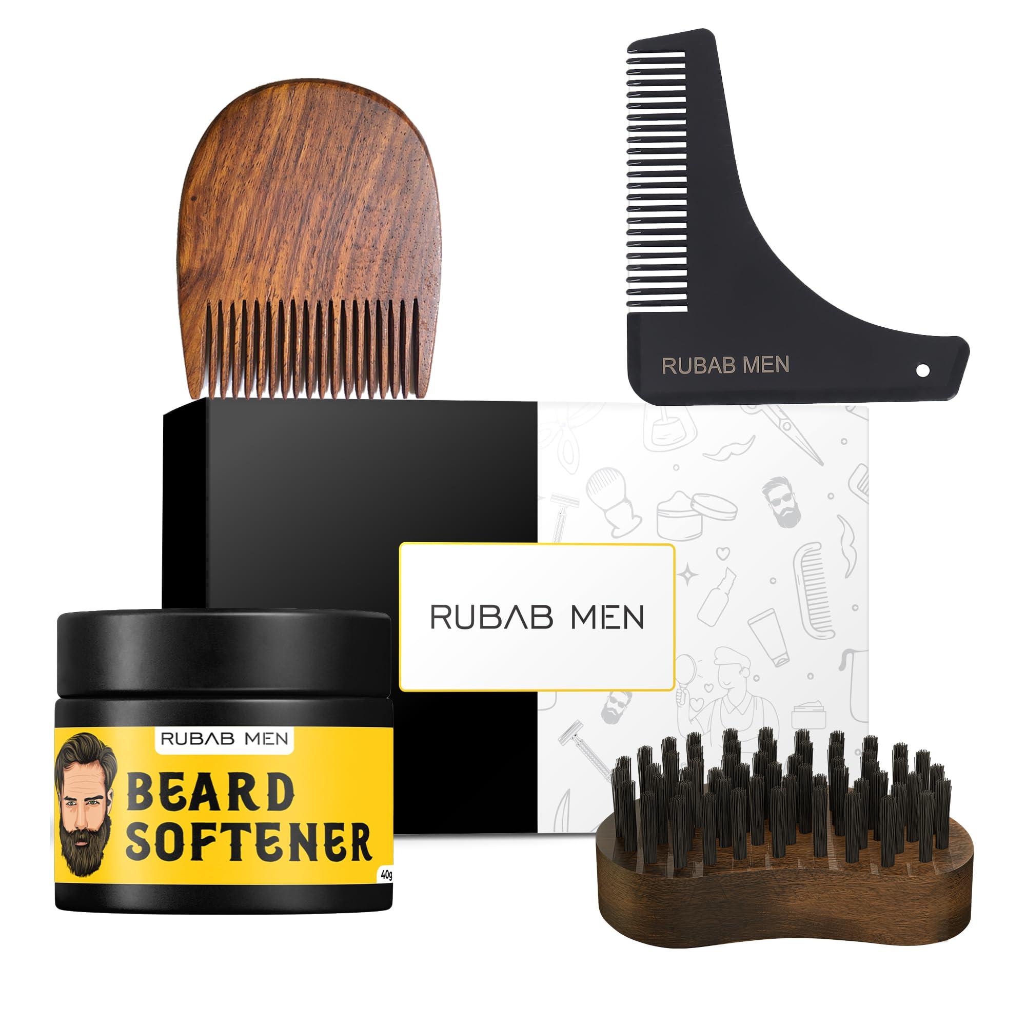 RUBAB MEN RUBAB MEN Beard Grooming 4-in-1 Kit for Men | Beard Brush, Hair & Beard Softener Balm, Wooden Beard Shaper Tool & Wooden Beard Comb for Men | Pack of 4