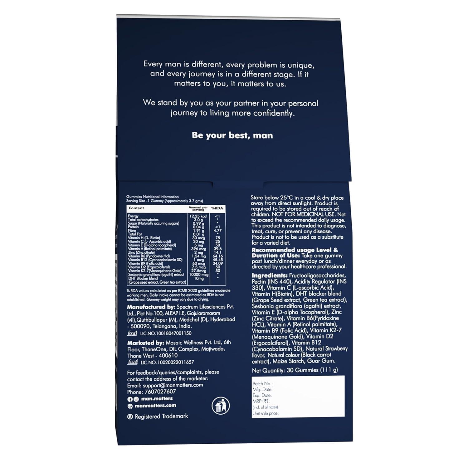 Man Matters Man Matters Biotin Hair Gummies (30N) | No Added Sugar | With Biotin, DHT Blockers, Vitamin A, C, E, Zinc & Fibre | For Healthy & Strong Hair | Strawberry Flavour | 100% Vegan & Gut Friendly