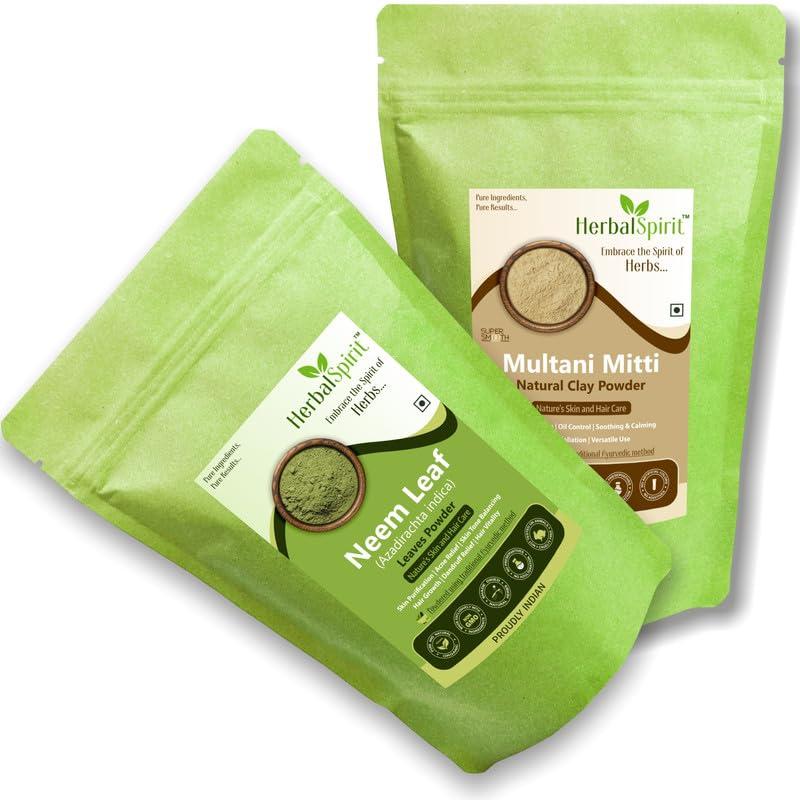 HerbalSpirit Herbal Spirit Multani Mitti Powder & Neem Powder for Face Pack | Neem Powder for Skin & Multani Mitti Powder for Face Pack | Multaanee Mittee & Neem Powder for Hair | 100gm each (Pck of 2)