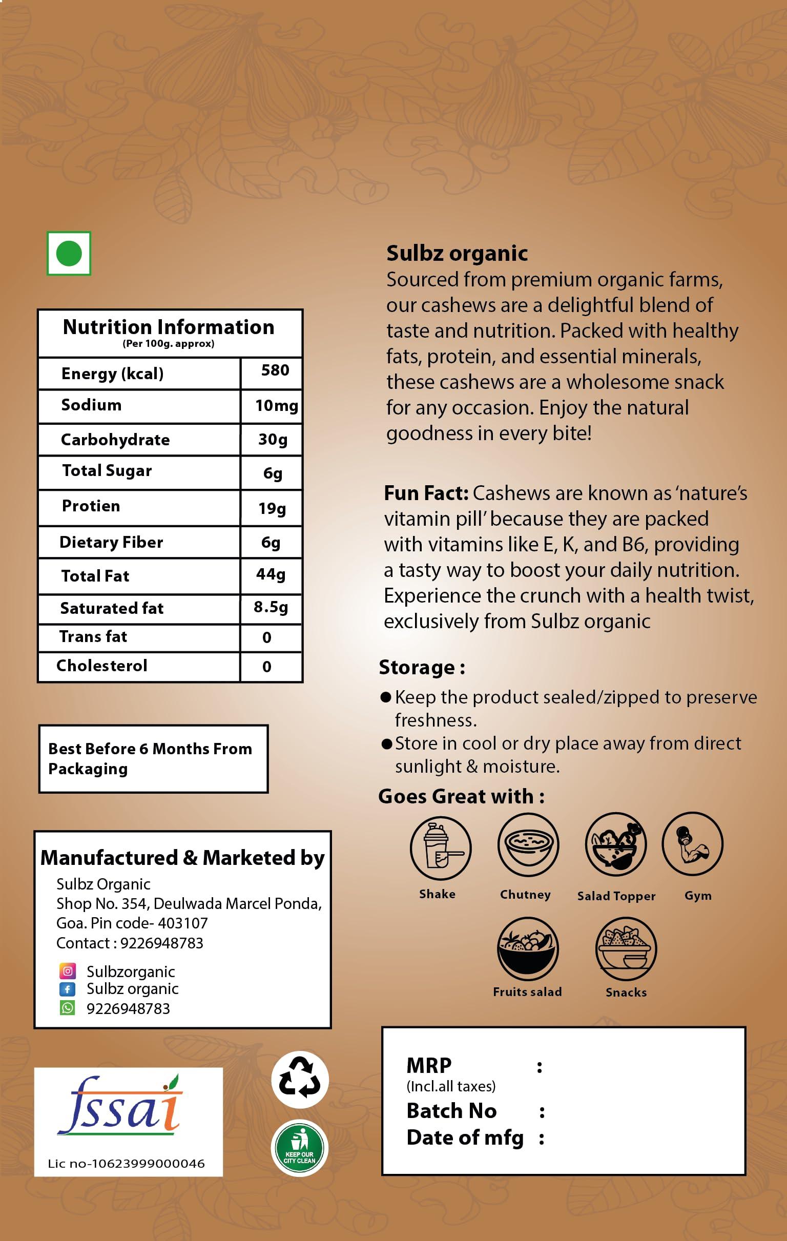 Sulbz Organic Goa Pure Cashew Nuts, 400g Bag, 100g Individual Packs