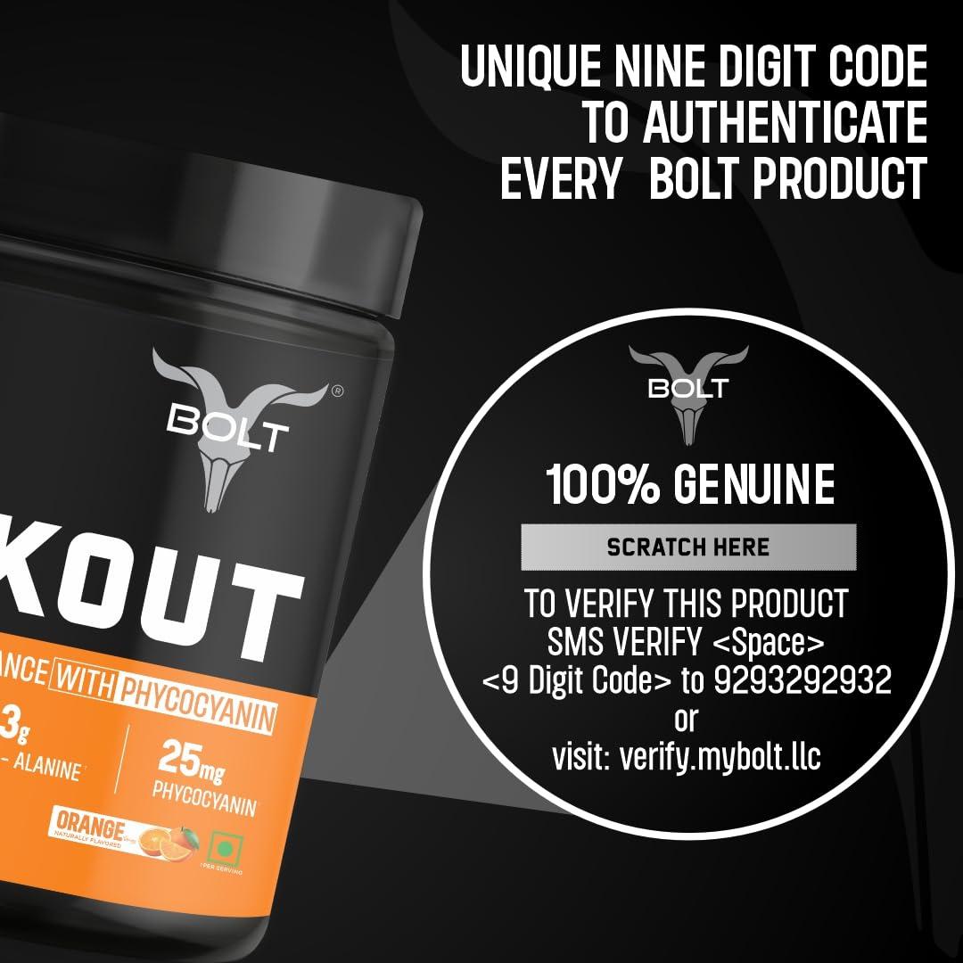 Bolt Bolt Nutrition Pre Workout Supplement With Caffeine Powder, Citrulline Malate, B-Alanine, Taurine For Explosive Energy, Pump & Focus 300G,30 Servings Orange Tangy
