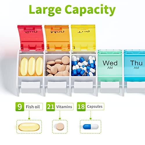 Windtrace 7 Days AM PM Pill Organizer - 2 Times a Day Large Weekly Pills Case, BPA-Free Pills Box Container Cases, Morning and Night Pill Boxes with Unique Push-Button Pop Open Design Hold Vitamin, Medicine