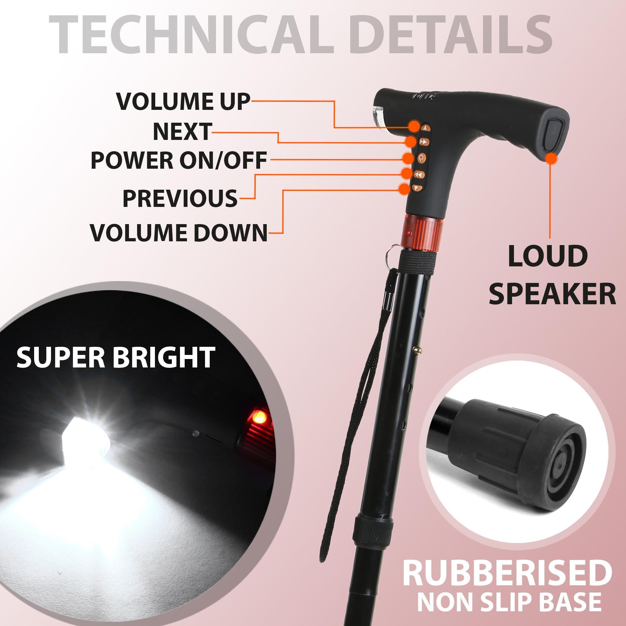 RCSP RCSP Walking Stick Folding Cane for Men and Women One Leg Crutches Old People Portable Comfortable Walking Stick with FM Radio and Torch Fuction Versatile Use (Black)