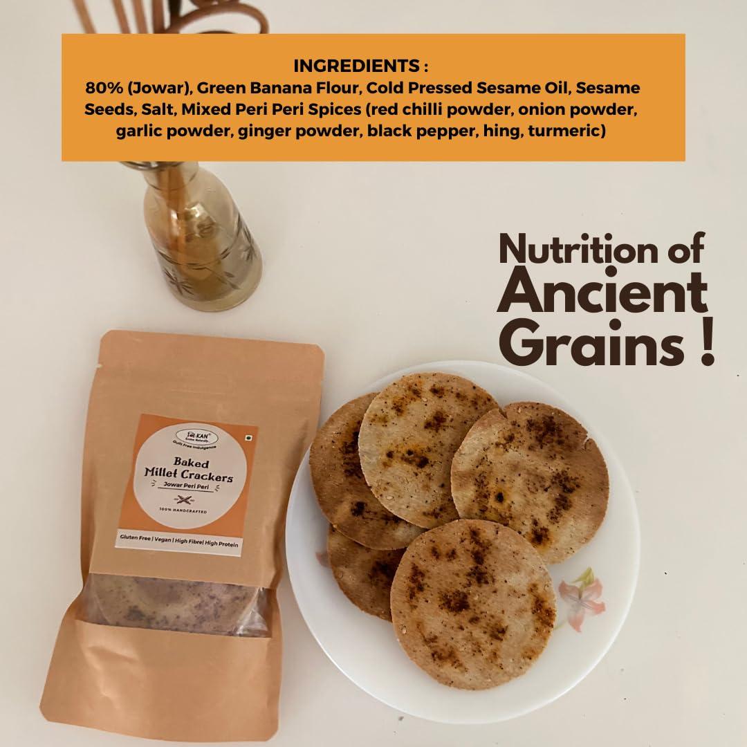 NIHKAN NIHKAN Millet Crackers - Gluten free | Vegan | High protein | High Fibre - Handmade & baked | Healthy chai time guilt free snacks - No Preservatives & No Baking soda - 100g (Jowar Peri-Peri)