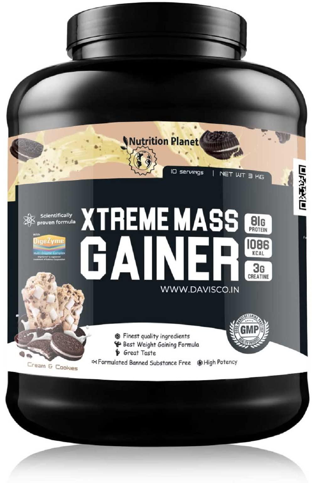 Nutrition Planet Nutrition Planet Xtreme Mass Gainer (With Added DigeZyme) for Post Workout Recovery (Cookies and Cream - 3Kg, 10 Servings)