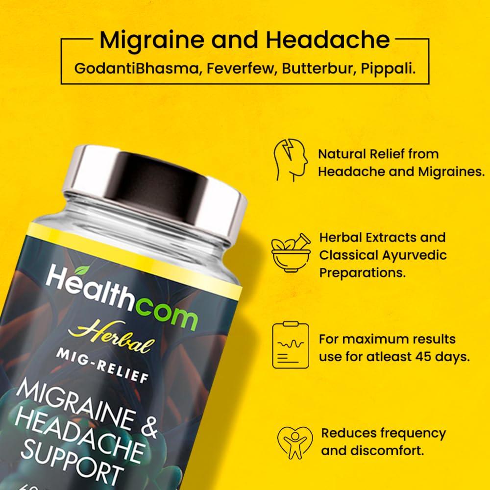 Healthcom Healthcom Herbal Ayurvedic MIG-RELIEF 60 Tablets Pack | Migraine & Headache Relieve Supplement Men & Women | Reduces Migraine, Non-Drowsy | For Optimal brain health | Helps in Reduces Frequency