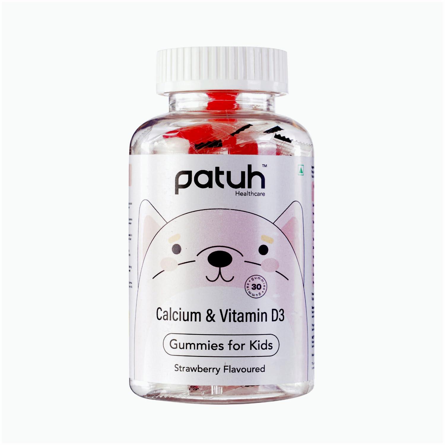 PATUH HEALTHCARE Patuh Healthcare Calcium and Vitamin D3 Gummies for kids (4 years+) | 30 Day Pack | Calcium and D3 Gummies for Kids | 100% Vegetarian, Natural Strawberry flavour