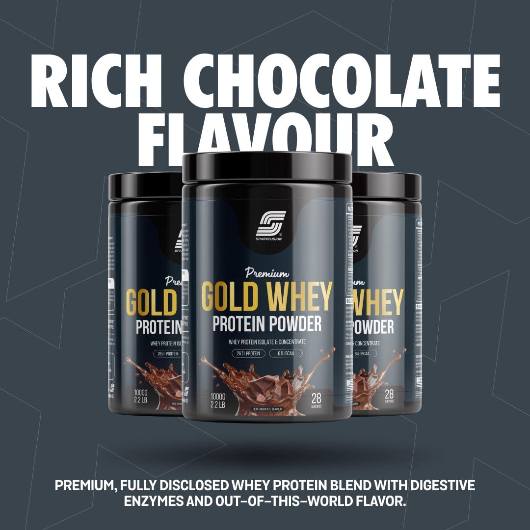 Sparkfusion Sparkfusion Premium Gold Whey Protein Isolate | 26g Protein,6g BCAA per Serving | Easy Mixing, Low Carbs, Easy Digesting | For Muscle Building & Recovery (Rich Chocolate, 1 kg (Pack of 1))