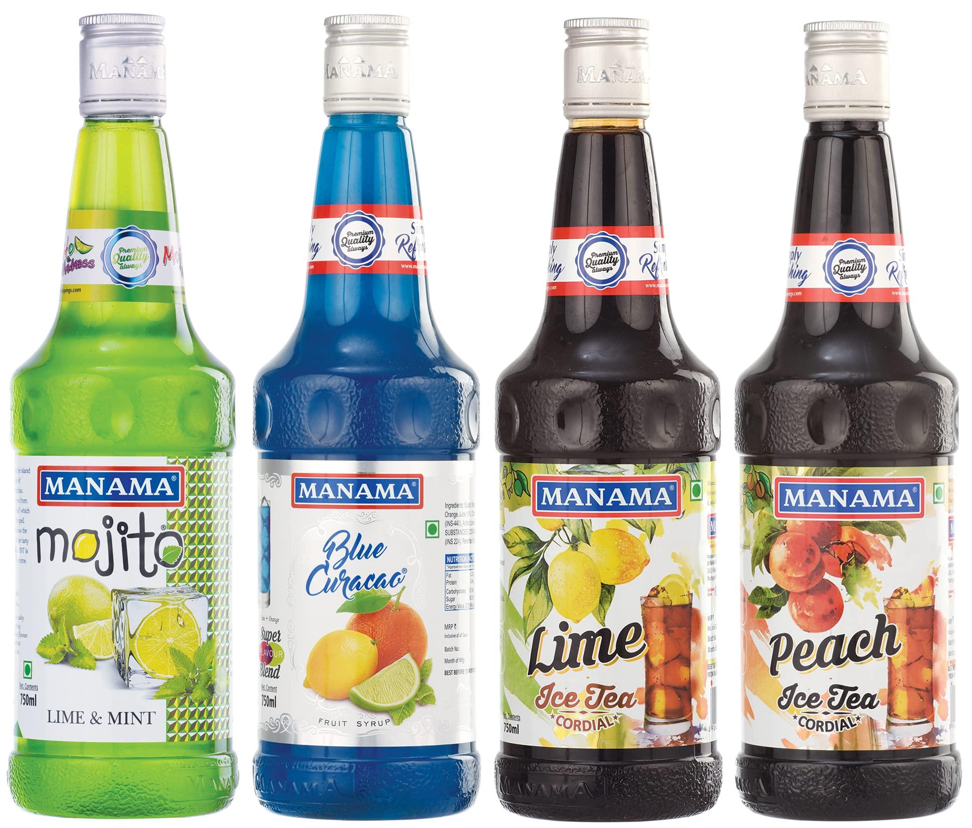 Manama Manama Lime and Mint Mojito, Blue Curacao Fruit Syrup, Lime Ice Tea and Peach Ice Tea (750ML Each), Pack of 4