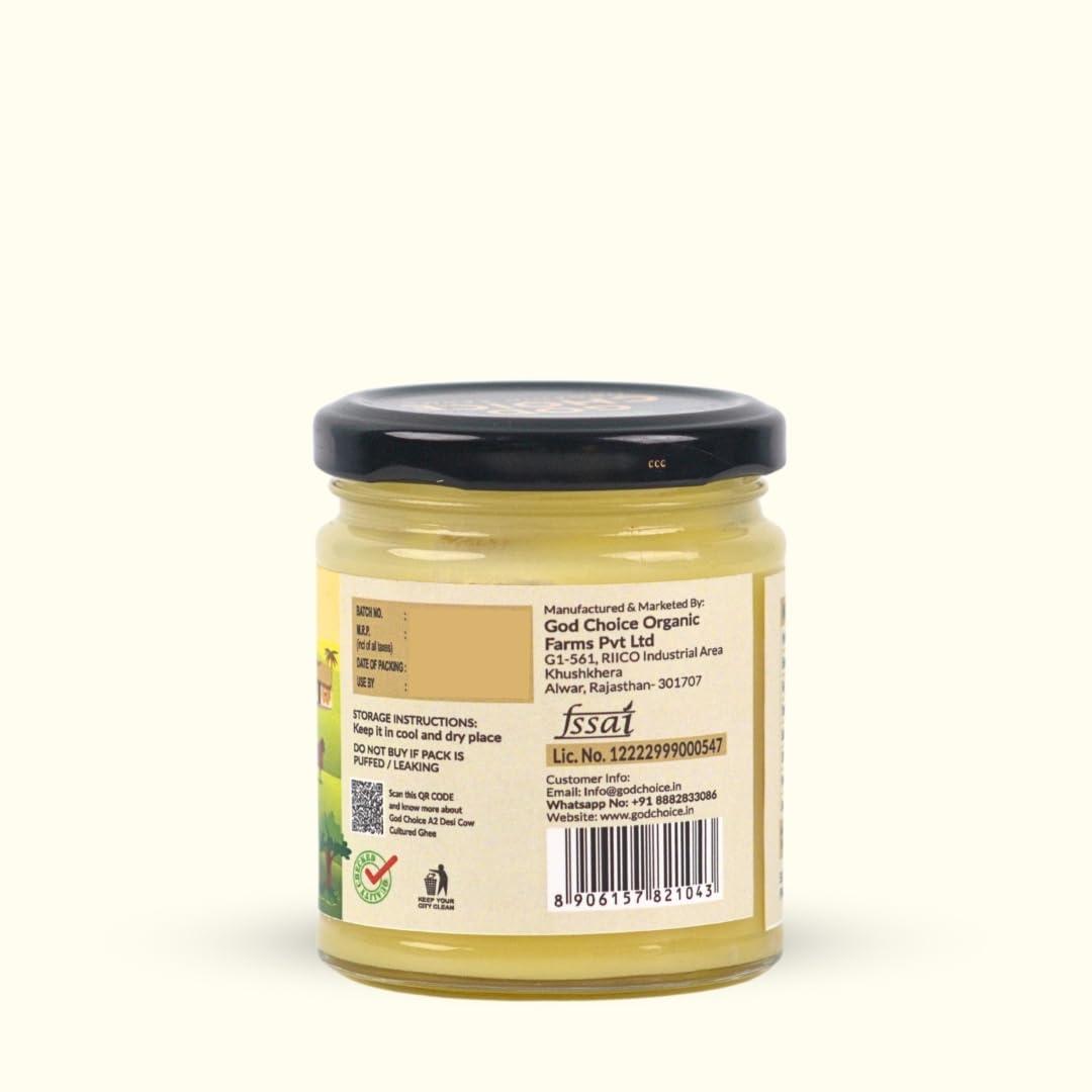 GOD CHOICE ORGANIC FARMS God Choice Organic Farms Pure A2 Desi Cow Ghee 150 ml | Cultured Desi Cow Ghee from Bilona Method | Curd Churned Organic Cow Ghee (Glass Jar)