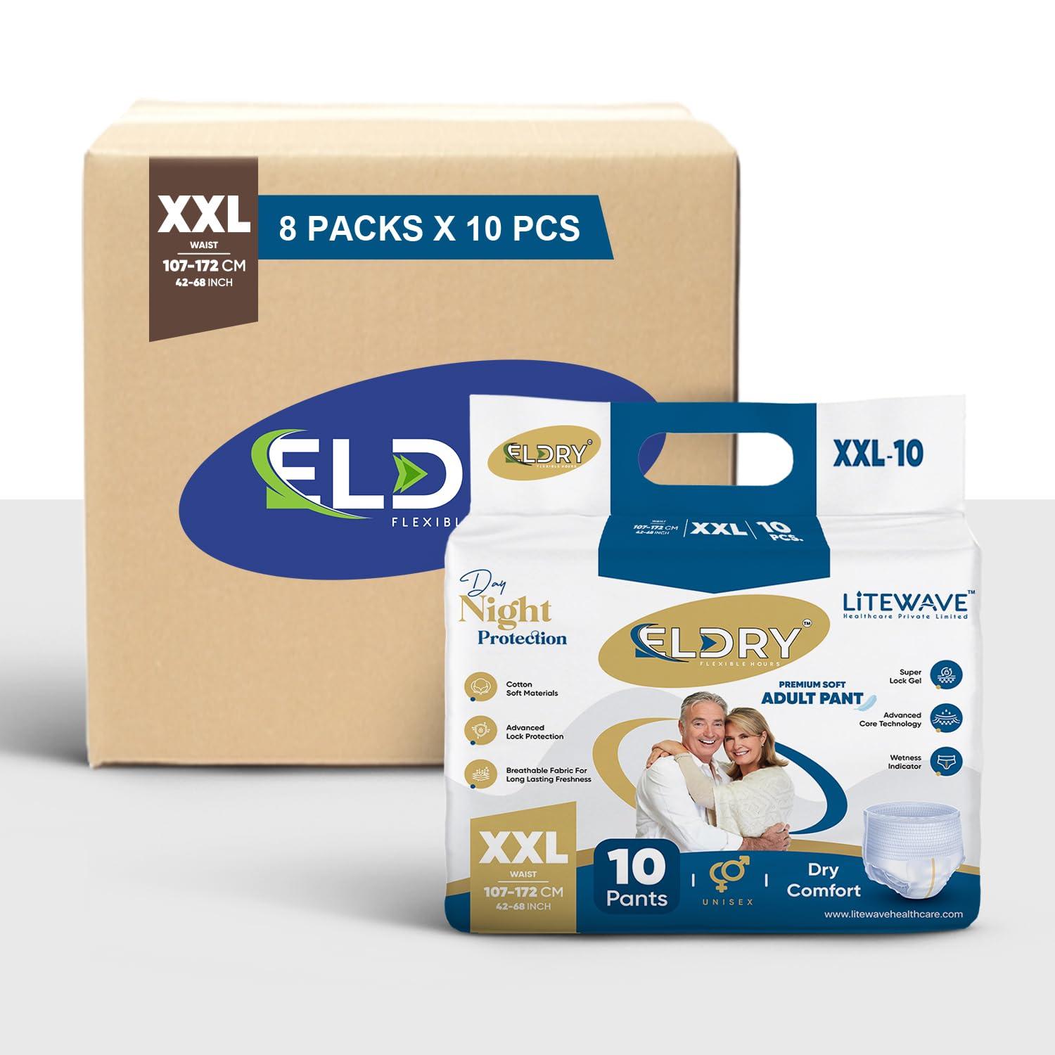 ELDRY ELDRY Unisex | Premium Soft Adult Pant Style Diapers | 80 Counts | (XXL) Size 107-172 Cm (42\'\'-68\'\' Inch) | Leakproof, Wetness Indicator, 12 hrs Overnight Protection | (Pack of 8)