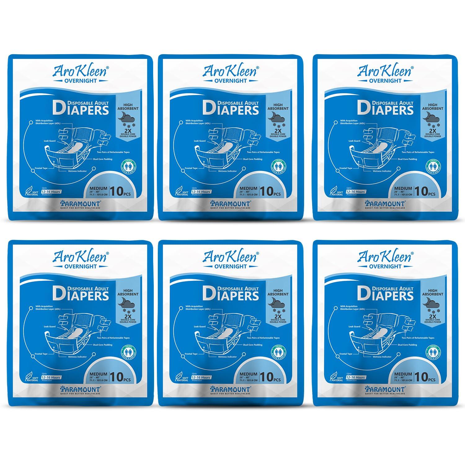 Aro Kleen Aro Kleen 2X Overnight 60 Count Adult Diapers Tape Style|Medium(M)|Waist Size 71-101 Cm(28"- 44")|16 Hr Absorption Protection|Unisex|Leak Proof|Wetness Indicator- Pack Of 6