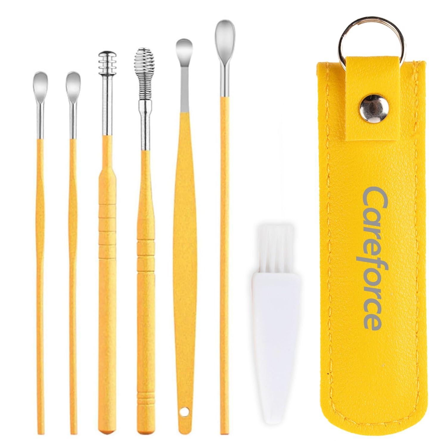 Careforce - The Force Behind Your Health Careforce - The Force Behind Your Health Ear Cleaning Kit Steel Ear Cleaner Reusable Ear Wax Remover Tool Kit Set With Storage Pack, Ear Curette Cleaner And Spring Ear Buds Cleaner 6 Pcs Set Yellow