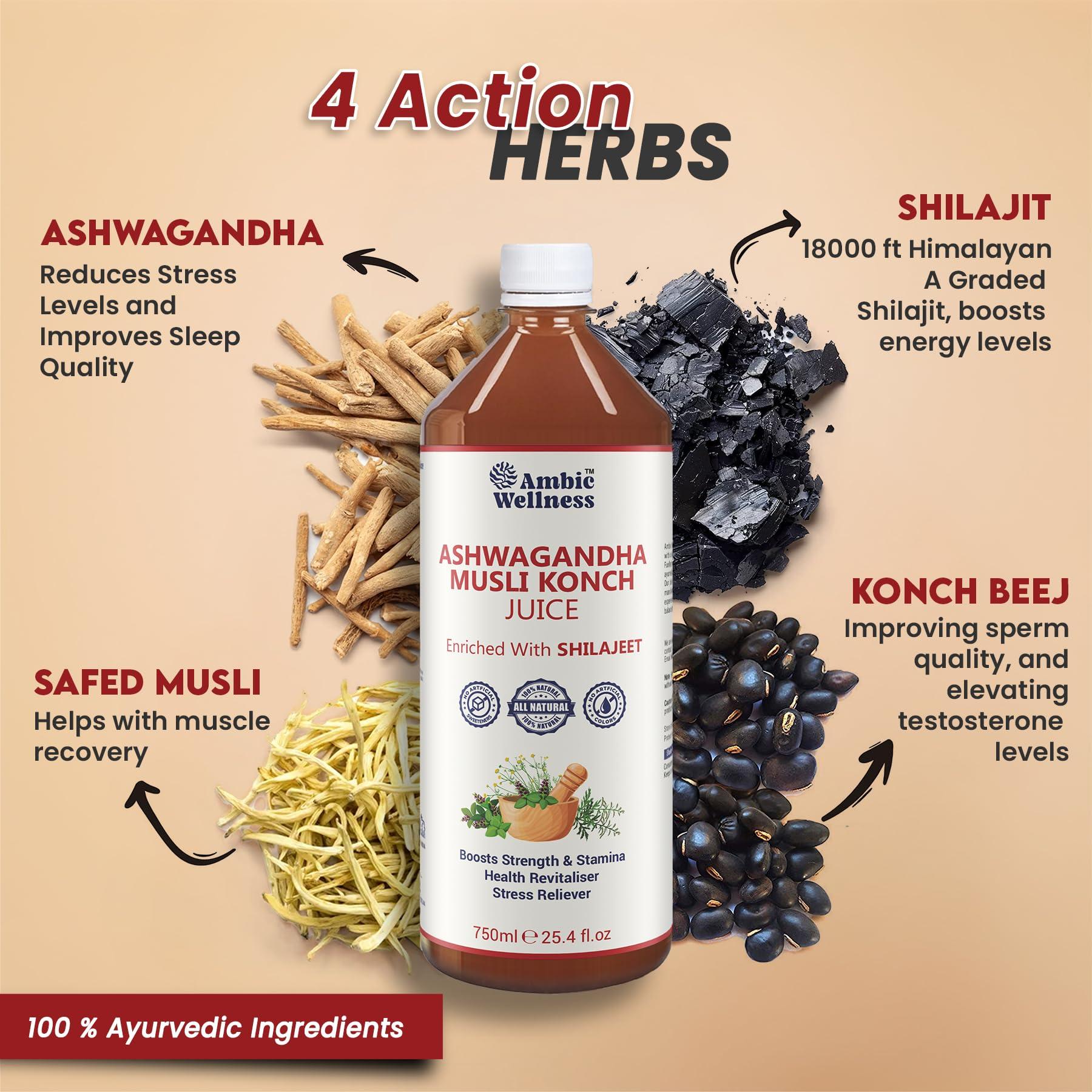 Ambic AMBIC Ayurvedic Ashwagandha Leaf Juice - 500ml to Boosts Energy & Immunity, Natural Blend of Ashwagandha Shilajit Musli & Konch Beej Provides Strength & Stamina, Stress Relief & General Wellness