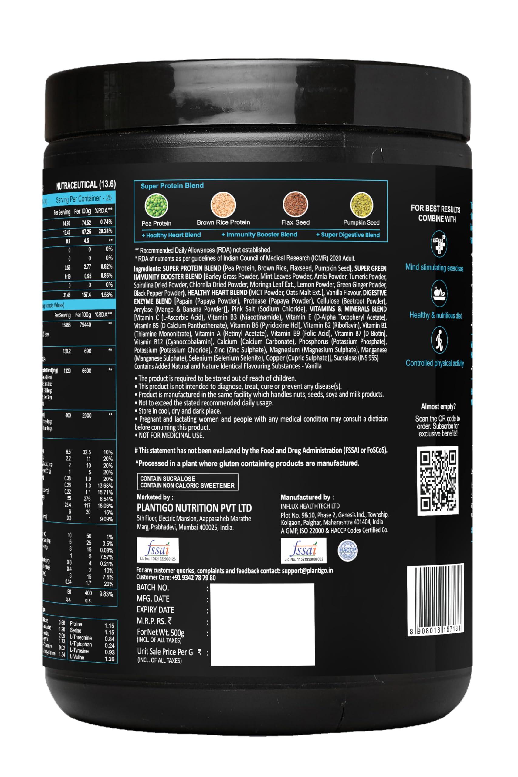 PLANTIGO Plantigo Superior 51+ Plant Protein Powder for Senior Adults | Elders, Old Men & Women | No Sugar, 14 Calories | Pea Protein, Oats | Heart Health & Muscle Recovery, Vegan Protein (Vanilla - 500g)
