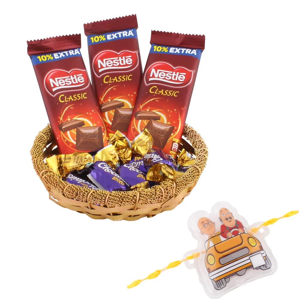 SFU E Com SFU E Com Nestle Classic & Choclairs Gold Chocolates Gift Hamper|Kids Motu Patlu Rakhi Chocolate for Bother | Roli, Chawal, Chandan, Misri | 37