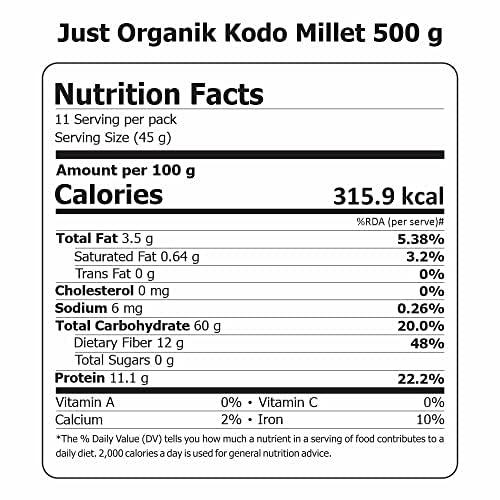 JUST ORGANIK JUST ORGANIK-Organic Kodo Millet  500 G | 100% Organic | USDA Certified | Kodri | Kodra | Varagu | Hark | Arikelu | Kodo Millet | Millet Rice | Gluten free | Healthy diabetic food | Low GI | Rich in fiber
