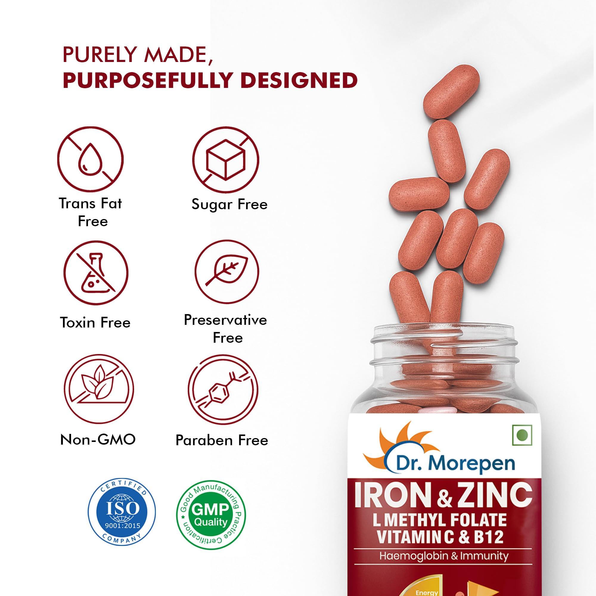 Dr. Morepen Dr.Morepen Iron & Zinc Tablets | Enriched with Iron, Zinc, Vitamin C & B12 | Natural & Safe for Men & Women | 60 Veg Tablets Pack of 2