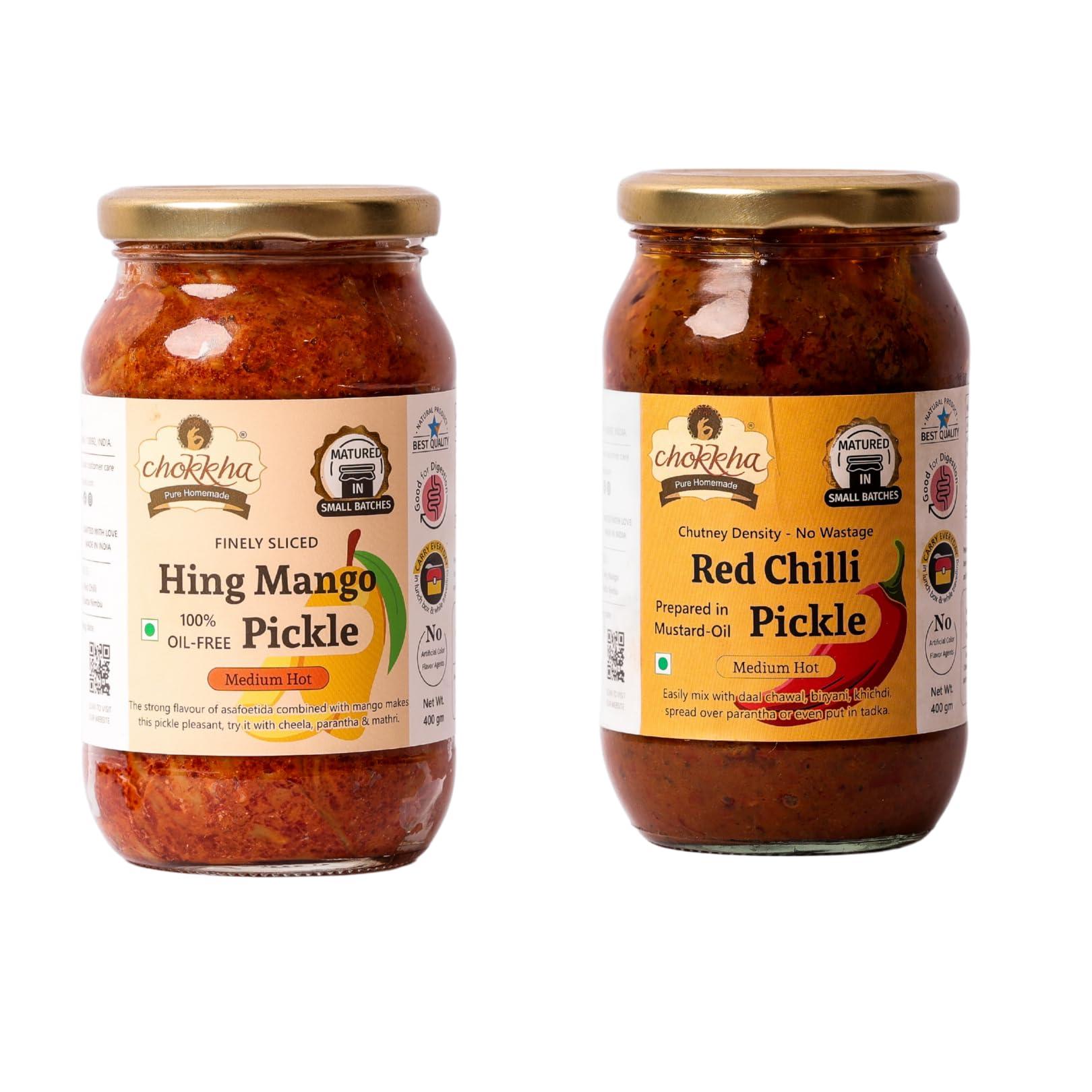 Chokkha Chookha Traditional Homemeade Hing Mango & Red Chilli Pickle (Hing Aam Lala Mirchi) | No colour Added | Vegan | 100% Oil-Free | Combo of 2 | 200 Gm Each