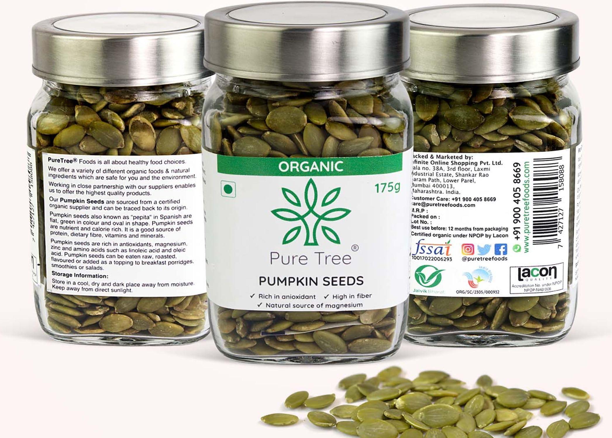Pure Tree Pure Tree Certified Organic Pumpkin Seeds | 175 g | Glass Jar | Kaddu ke Beej | Organic Seeds for Eating Good Source Of Omega 3 | Raw Pumpkin Seeds Organic Superfood