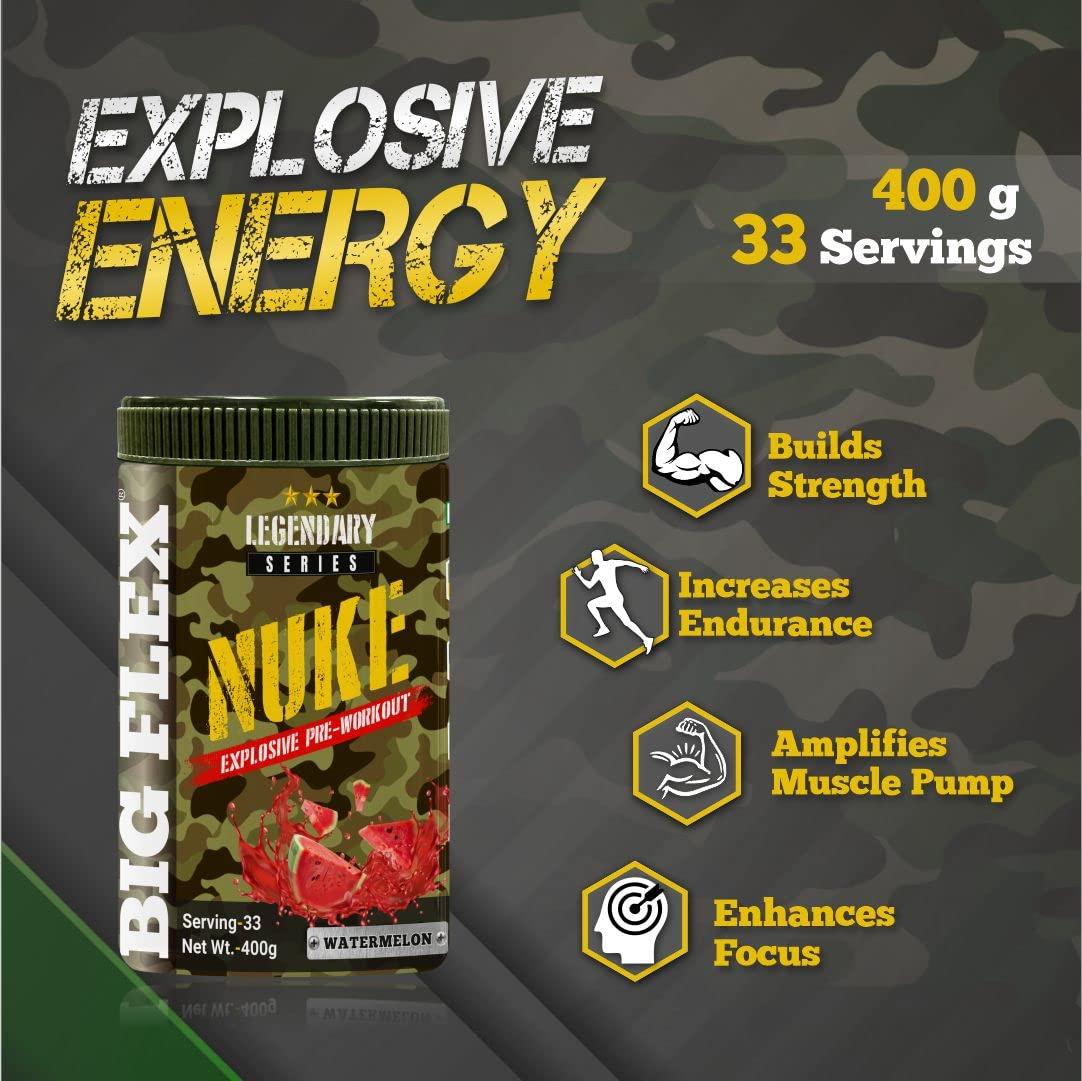 Bigflex Bigflex Nuke Pre Workout Powder| 33 Servings |Energy Booster| |Muscle Pump| |Strength Improvement| Preworkout For Men | Pre Workout For Women (Watermelon, 400 gm)