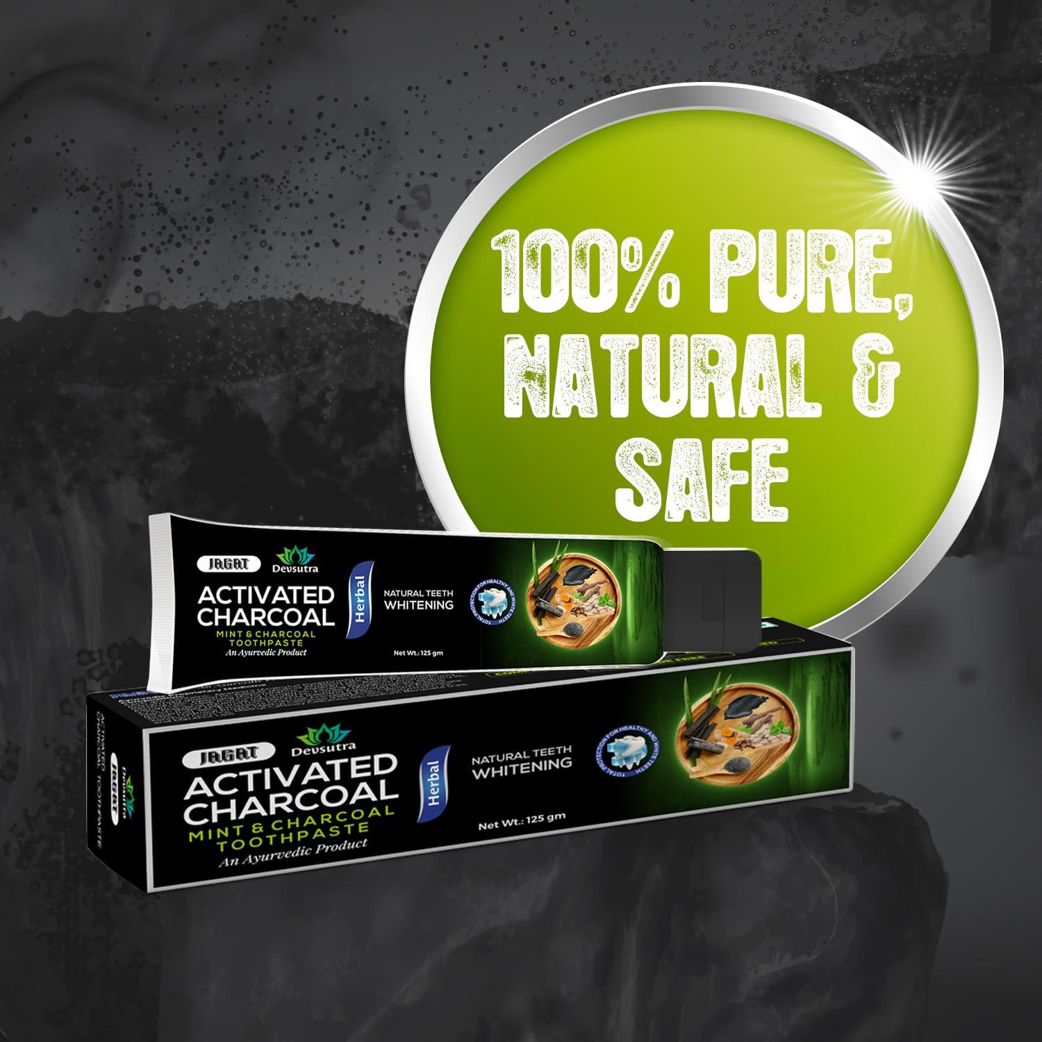 JAGAT Jagat Devsutra Dr. Trusted Ayurvedic HERBAL Activated Charcoal Toothpaste for Teeth Whitening - 100% Natural Formula with Mint Flavour, No Fluoride & Artificial Colours - Pack of 8 (100g x 8)
