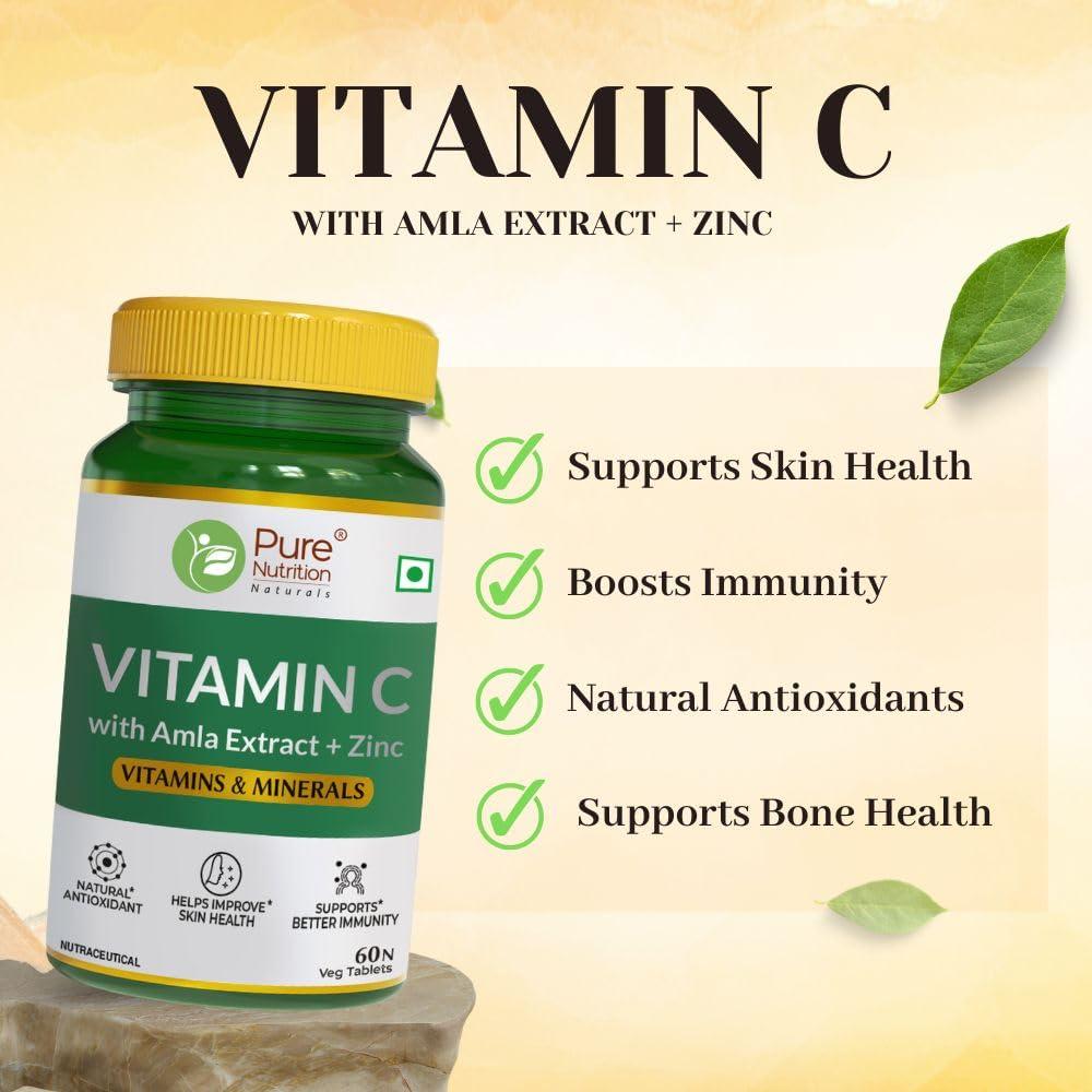 Pure Nutrition Naturals Pure Nutrition Vitamin C with Amla Extract + Zinc Supplement | Boost Immunity | Support In Skin & bone Health - 60 Veg Tablets