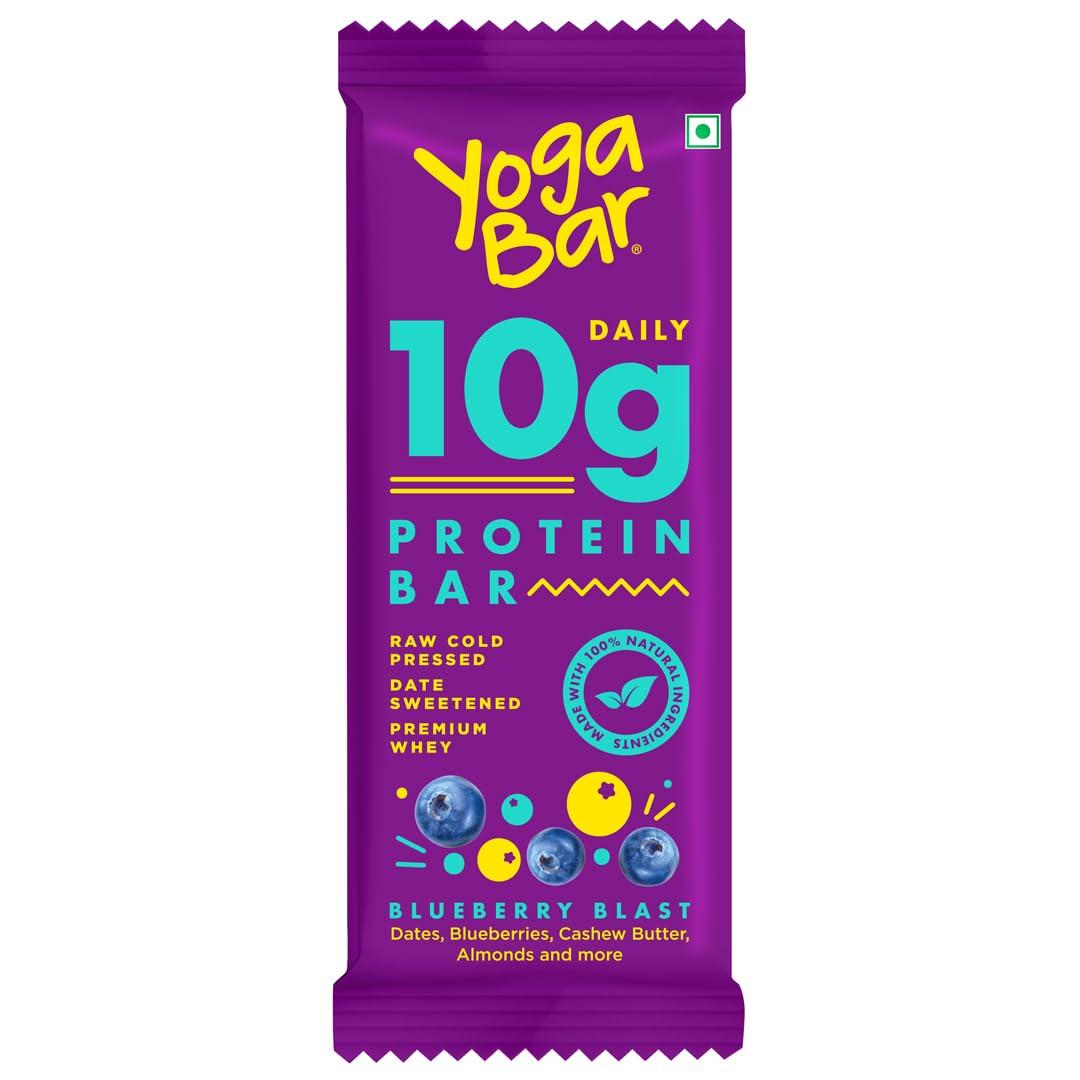 Yogabar Yogabar 10 grams Protein Bar, Protein Blend & Premium Whey,100% Veg High Protein Snacks, Rich Protein Bar with Date, Vitamins, Fiber, Energy & Immunity for Fitness, Blueberry