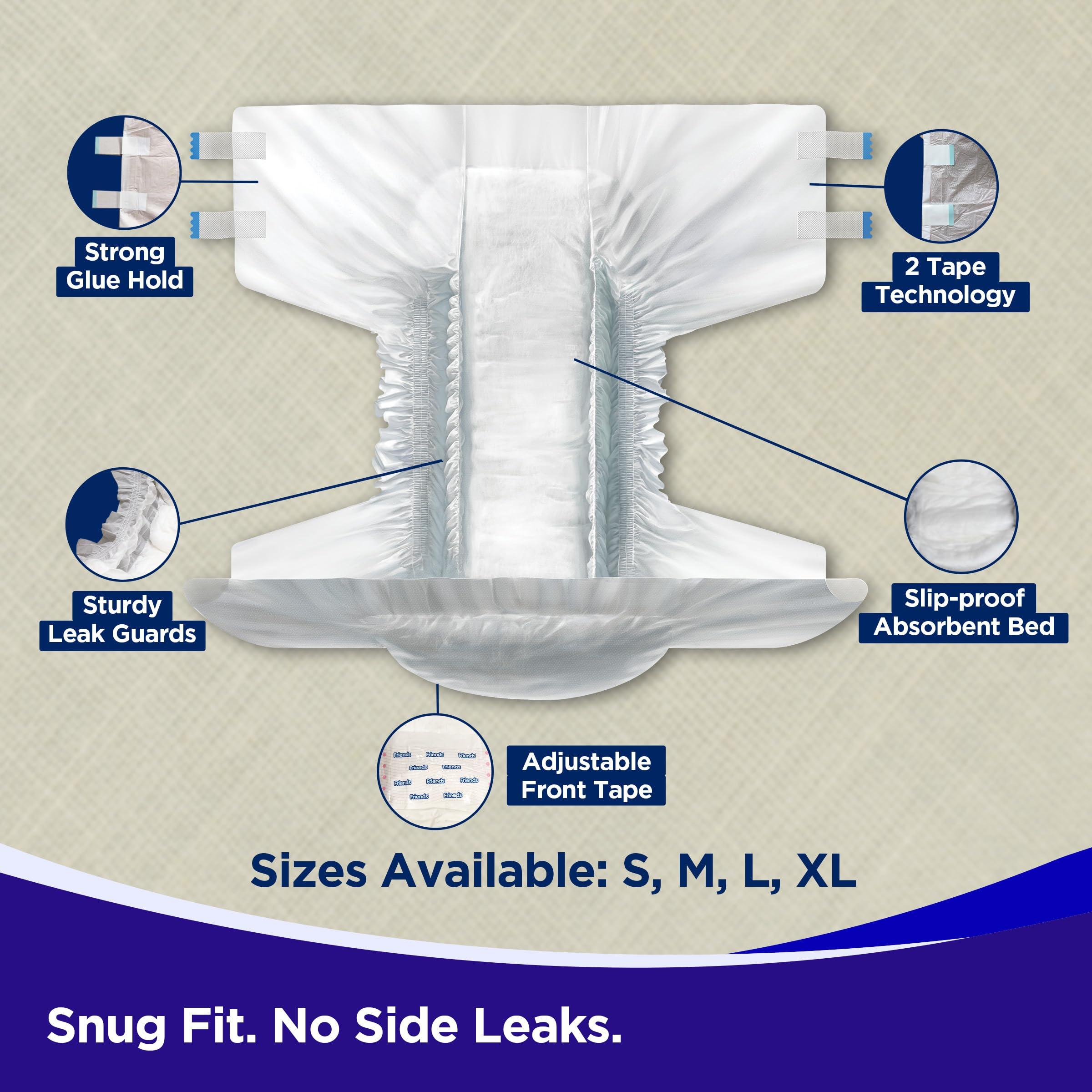 Friends Friends Easy Adult Diapers Tape Style - 30 Count (Small) with odour lock, Unisex, Leakproof, Wetness Indicator and Anti-Bacterial Absorbent Core- Waist Size 22.44-39.37 inch; 57-100 cm