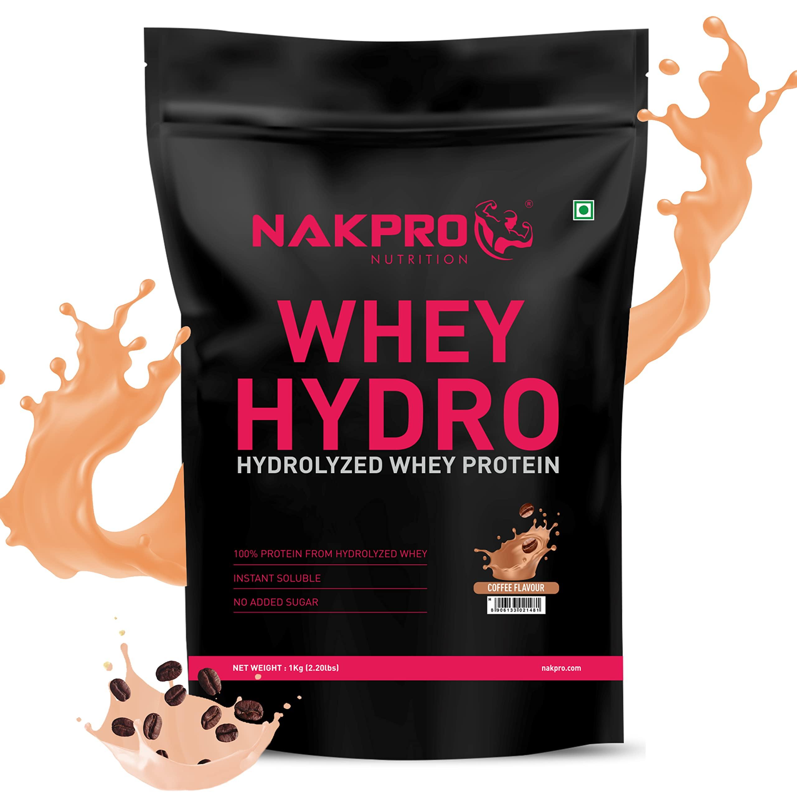 NAKPRO NAKPRO HYDRO Whey Protein Hydrolyzed | 25g Protein, 5.8g BCAA | Easy Mixing, Low Carbs, Easy Digesting Whey Protein Supplement Powder for Men, Women & Athletes | 1 Kg (Coffee)