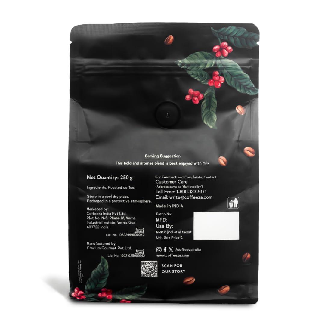 COFFEEZA COFFEEZA Intenso Ground Coffee | Fine Grind (Espresso & Moka Pots) | Premium Grade, Medium-Dark Roasted Ground Coffee - 250Gm, Bag