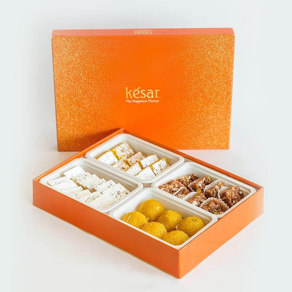Dessert Drama Dessert Drama by Kesar Sweets | Sweets Gift Pack Kaju Katli, Mung Dal Barfi, Doda Burfi, Motichoor Laddu | Desi Ghee Sweets Indian Mithai - 1 kg Assorted Sweets | Premium Corporate Sweets Gift Hamper 
