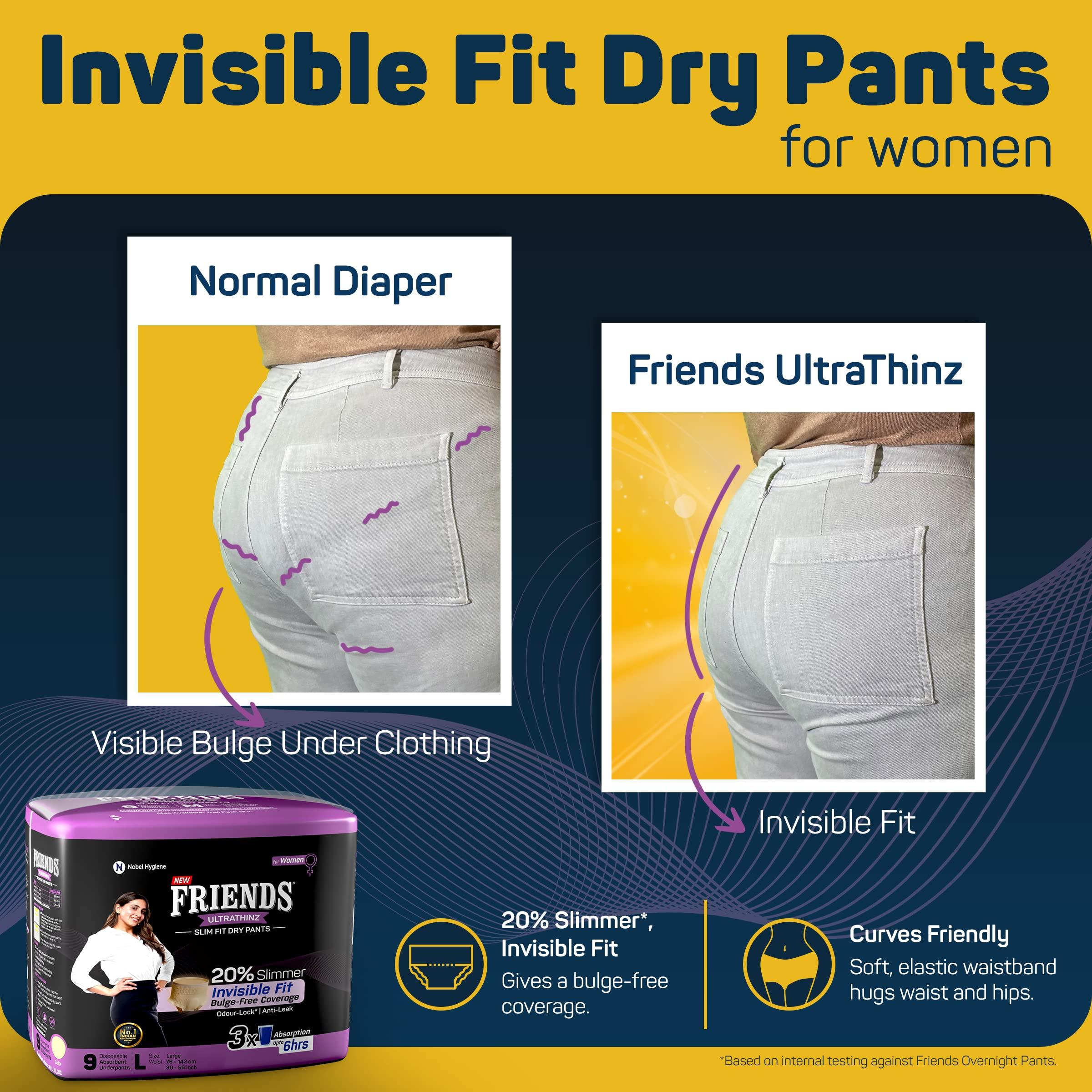 Friends Friends UltraThinz Slim Fit Adult Diapers (Dry Pants) for Women - Large 27 Count - with thin design, peach colour, and anti-rash - Waist Size 30-56 Inch ;76-142 cm