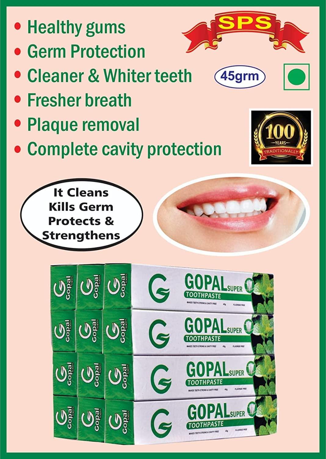 GOPAL TOOTHPOWDER Gopal Super Tooth Paste - Natural Dental Cleanser for Strong Teeth and Cavity Free - Pack of 12 Each 45gm