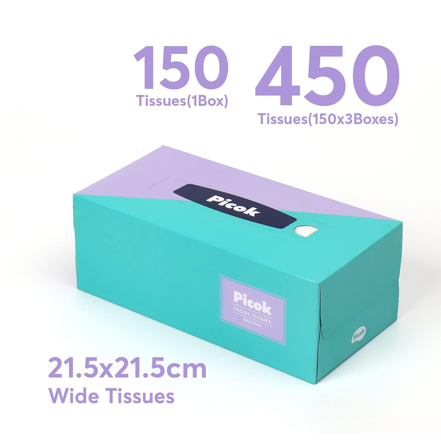 Picok Picok Silky Soft Facial Tissues (150 X 3box), Silky Touch,100% Natural Virgin Pulp, Made in Korea