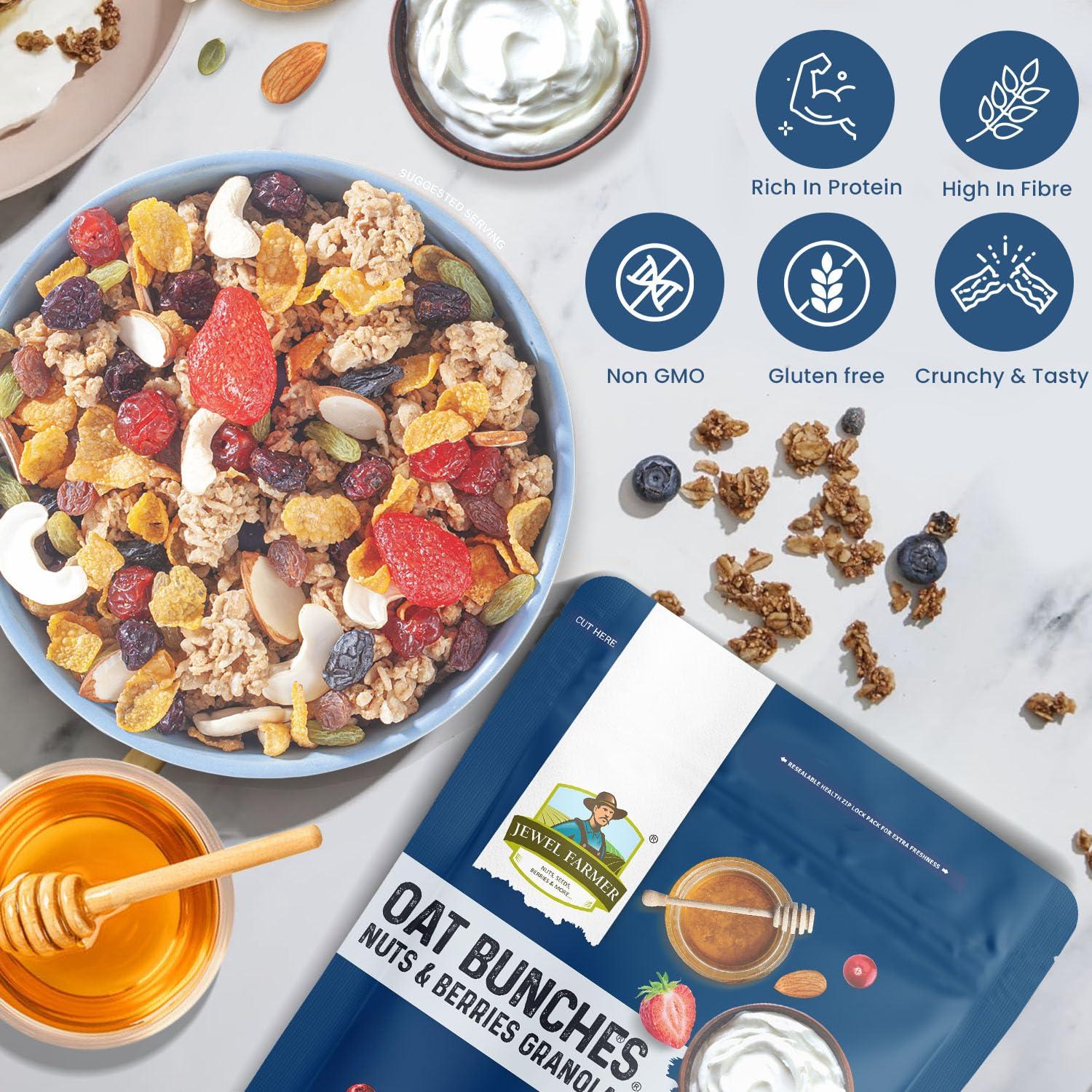 JEWEL FARMER Jewel Farmer Oat Bunches Nuts & Berries Crunchy Granola 200 gm With Oats, Multigrains | No Preservative | Vegan & Plant Based | High in Fibre & Protein | Breakfast Cereal Can Be Consumed As Muesli