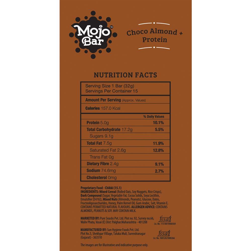 Mojo Bar Mojo Bar Energy Bars Choco Almond & Protein | 100% Whole Grains, Nut & Fruit | High Energy & Granola Bars | 5g Protein Snack | Pack of 15 x 32g Energy Bars | Gluten Free & No Preservatives