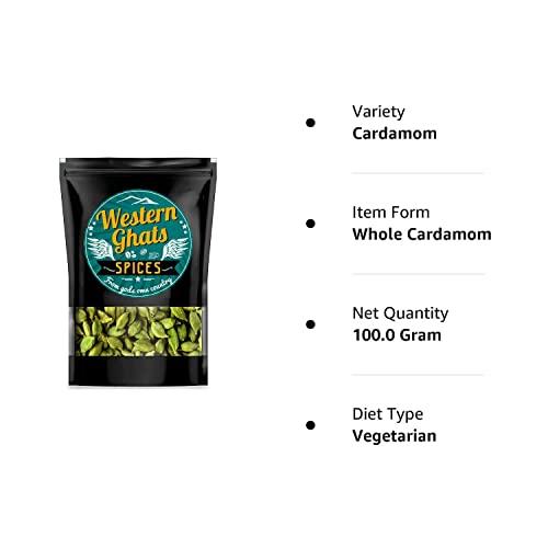 Western Ghats Spices Western Ghats Spices Kerala Premium Whole Green Cardamom, Elaichi 100 Gram (Bold) | Sabut Choti Hari Elaichi | Aroma Lock