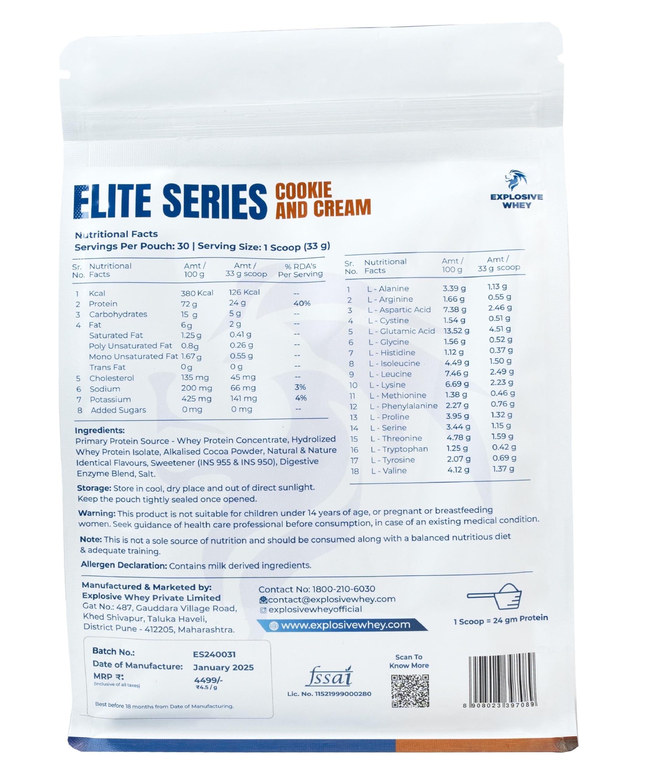 EXPLOSIVE WHEY Explosive Whey Elite Series Whey Protein - Trusted by M.S. Dhoni and Kedar Jadhav | Premium, Concentrate Sport Supplements for Enhanced Muscle Growth and Recovery (30 Servings - 1Kg, COOKIE & CREAM 24g Protein)