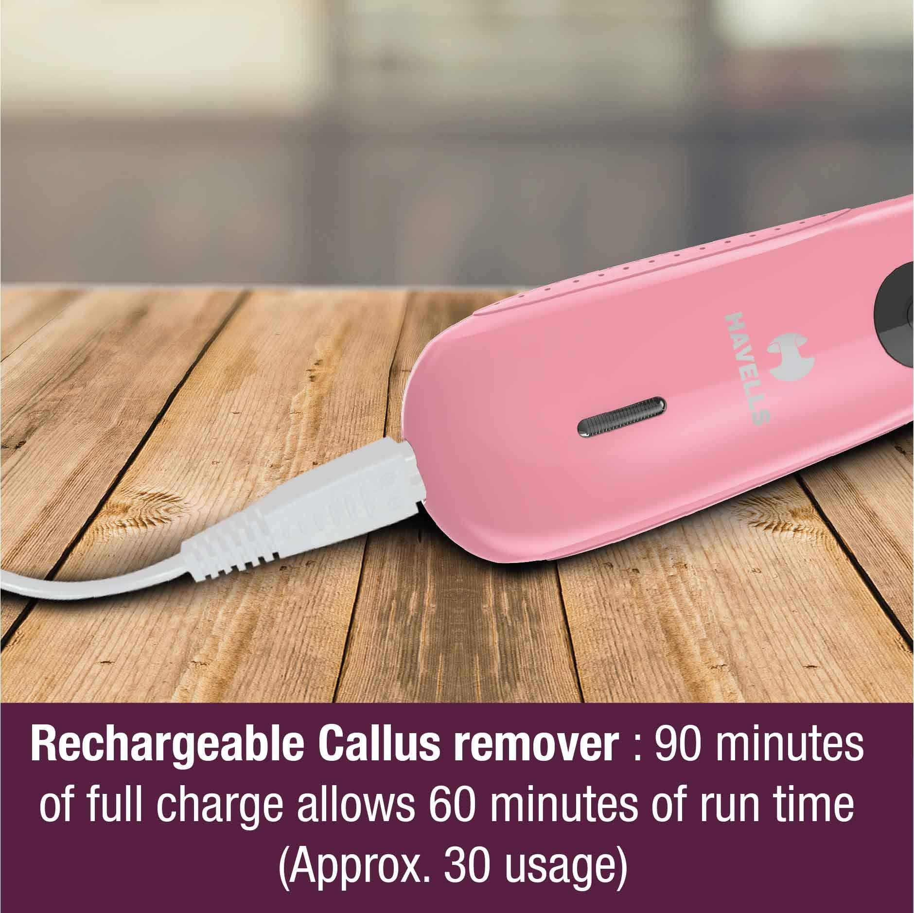 Havells Havells Rechargeable Callus Remover | Professional Pedi feet Care for Cracked Heels | Suitable for All Skin Types | Cord and Cordless Use | 2 Years Guarantee | Cherry Pink | CR4001