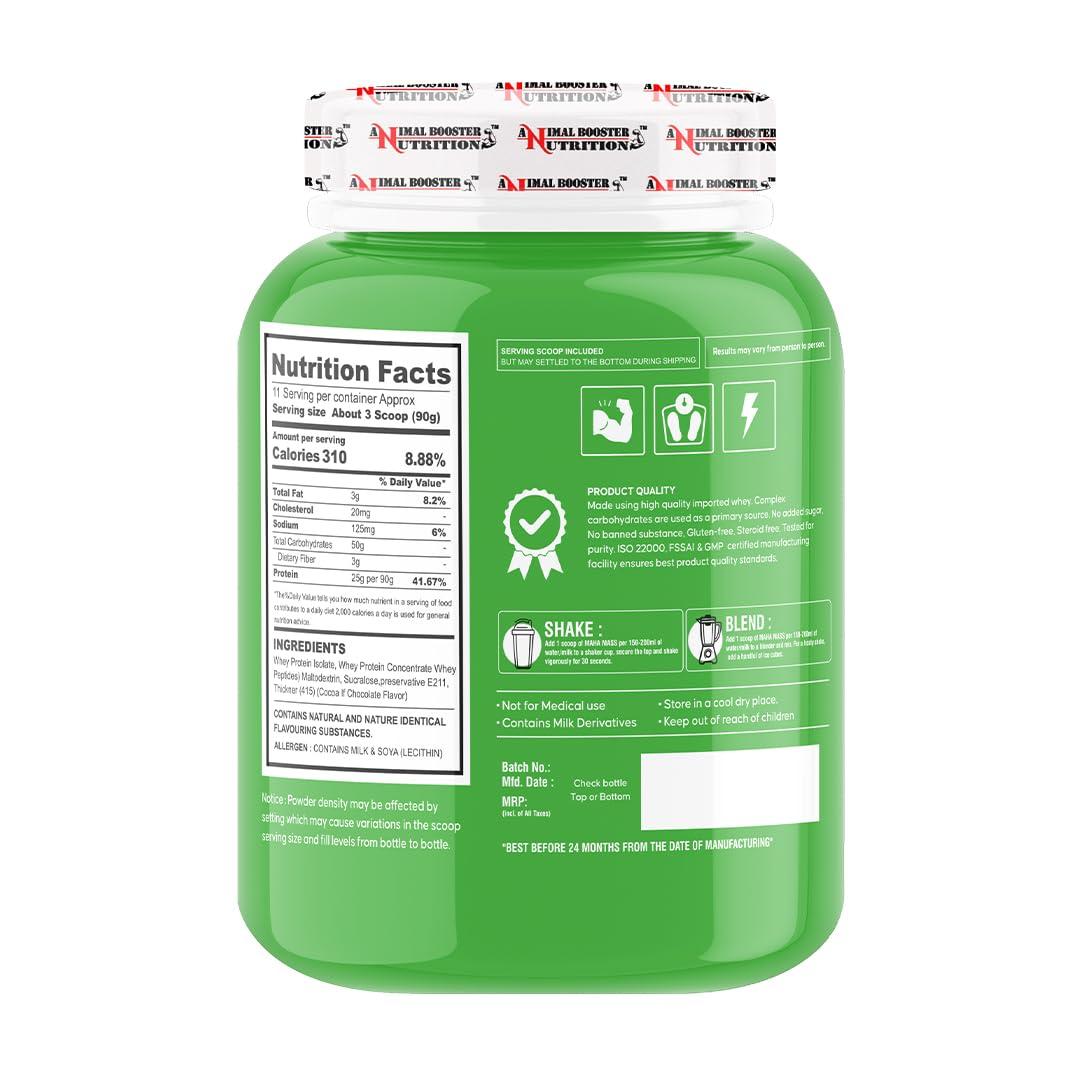 ANIMAL BOOSTER NUTRITION Animal Booster Nutrition Maha Mass Gainer, 25 Gram Of Protein in 90gm of Serving Helps in Gain Weight, Build Muscle & Fuel Energy (Mango Flavor) (11Servings/1KG)