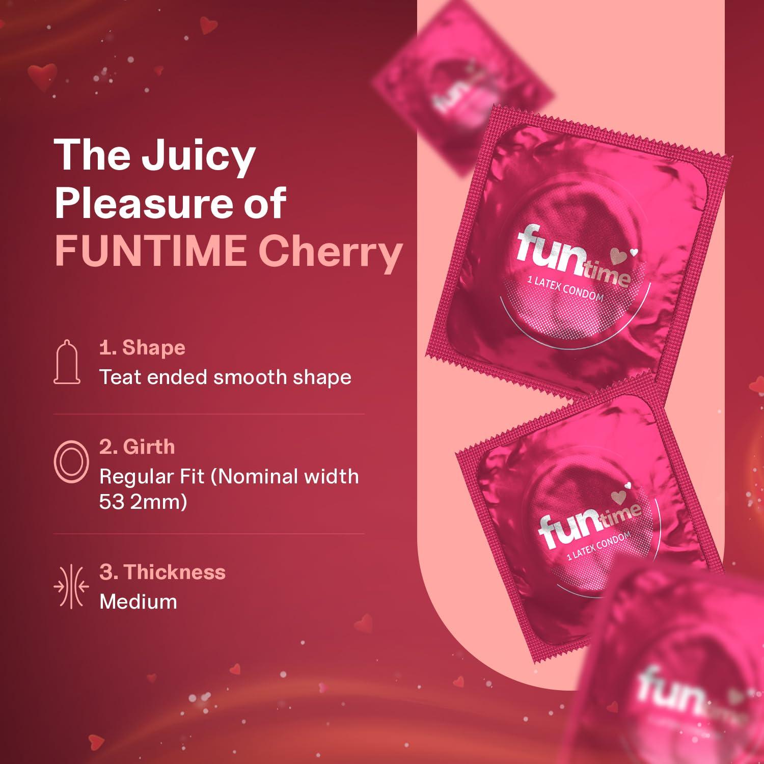 FUNTIME Funtime Dotted Condoms with Juicy Cherry Flavor  Ribbed & Contoured for Extra Pleasure, Finest Natural Latex, Skin-Safe Lubrication, 100% Electronically Tested Count 10 - Pack of 3 (Total 3 Condoms)
