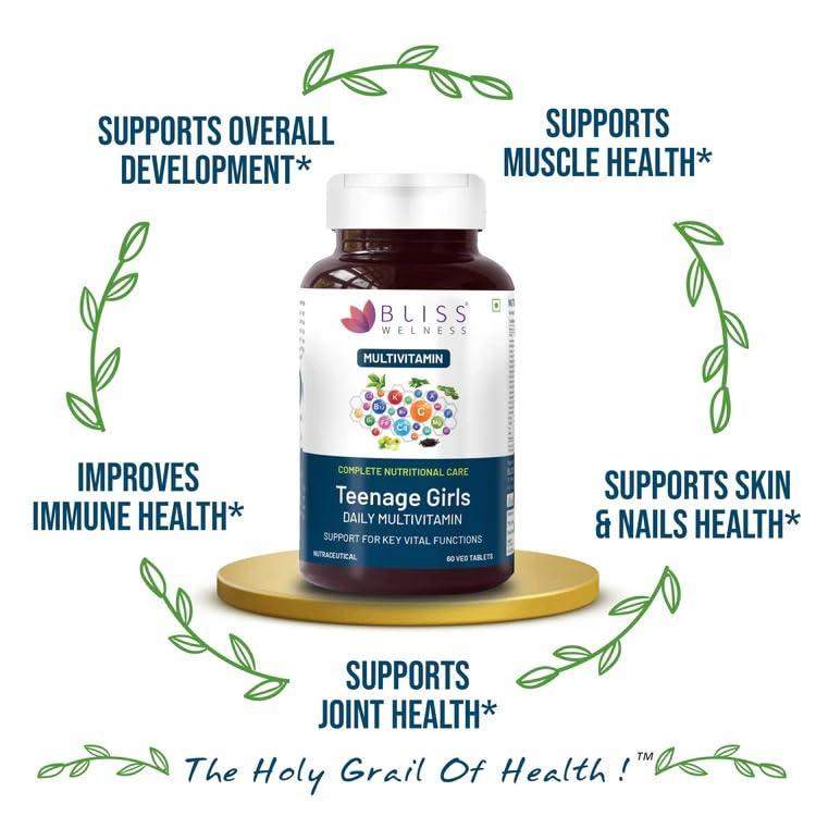 Bliss Welness Bliss Welness Teenage Girl Multivitamin With Vitamin and Minerals, Calcium Magnesium Zinc, Aloe Vera Extract, Bamboo and Grapeseed Extract For Immunity, Hair Skin Nails, Bone & Joint Health, - 60 Tablets