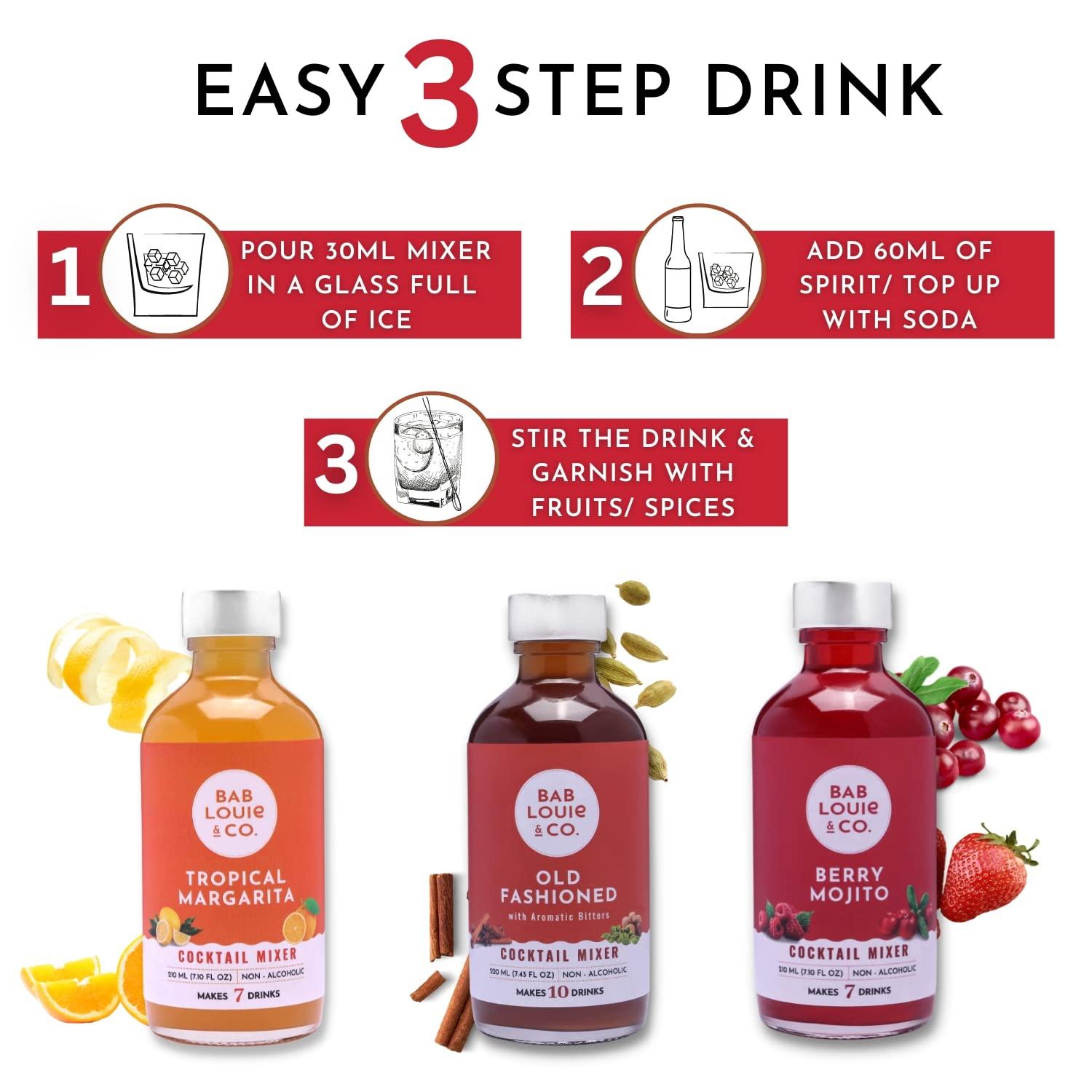 Bab Louie & Co. Bab Louie & Co. Cocktail Mix, Old Fashioned, Berry Mojito & Tropical Margarita, 100% Natural, Cocktail and Mocktail Syrup, Makes 7-10 Drinks (Pack of 3)